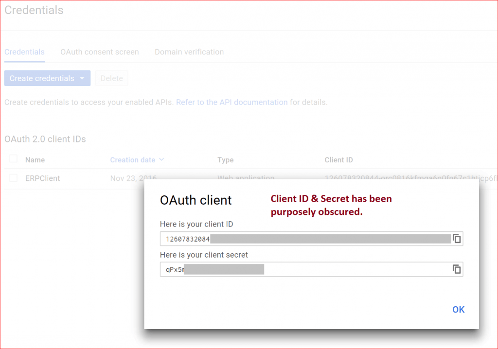 OAuth client - Client ID & Secret has been purposely obscured.