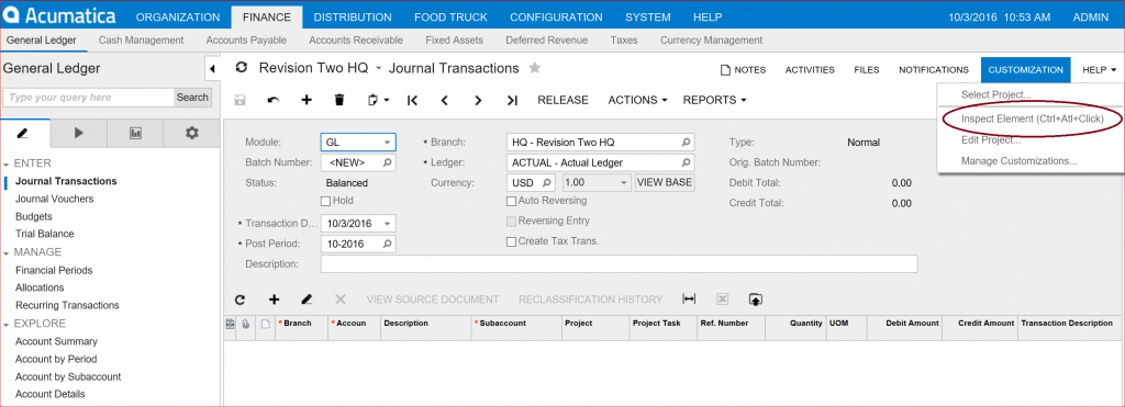 Acumatica Cloud ERP Customization Dashboard - Finance Segment 