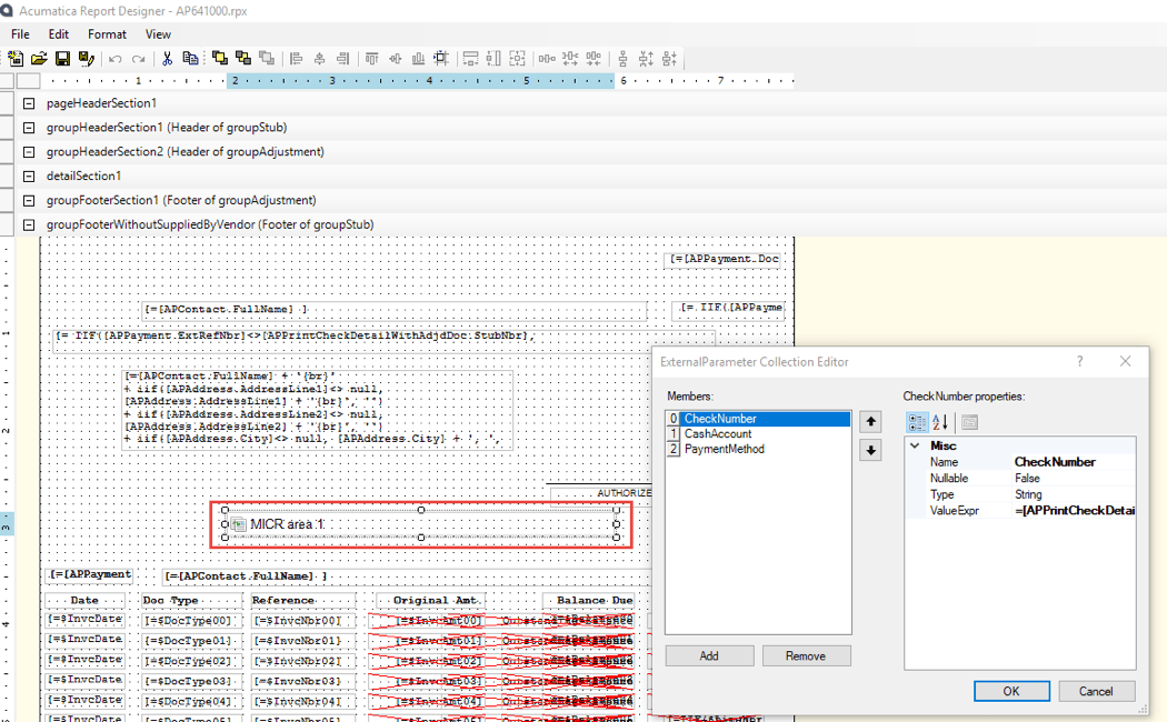 Acumatica Report designer - MICR area 1.