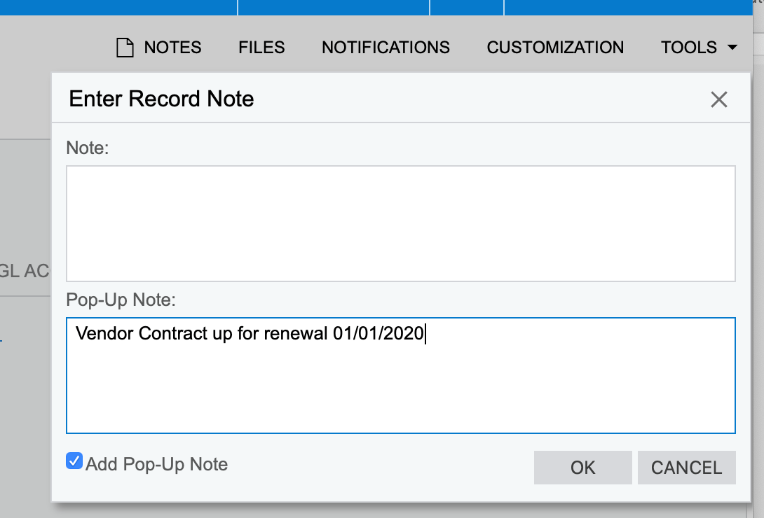 Pop-Up Note - Acumatica.