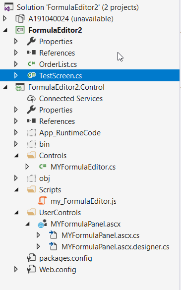 Creating the “TESTScreen.cs” and 2nd project for MyFormulaEditor.cs file.