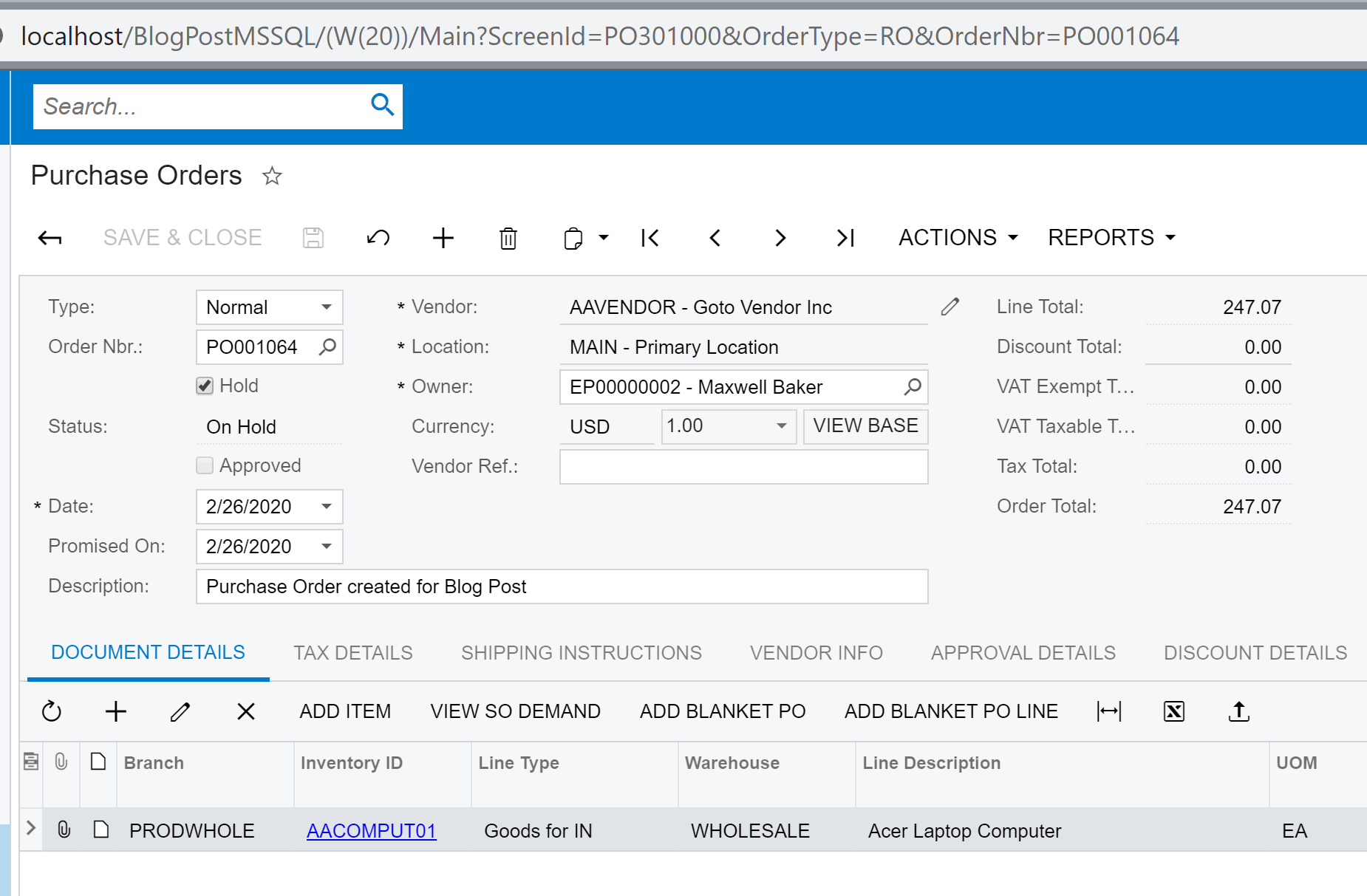 A Purchase Orders Section in Dashboard.