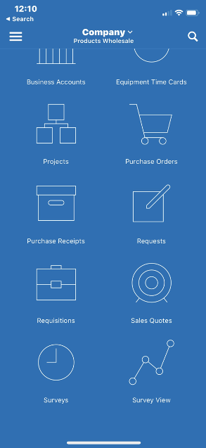 Acumatica mobile application view and Survey icon.