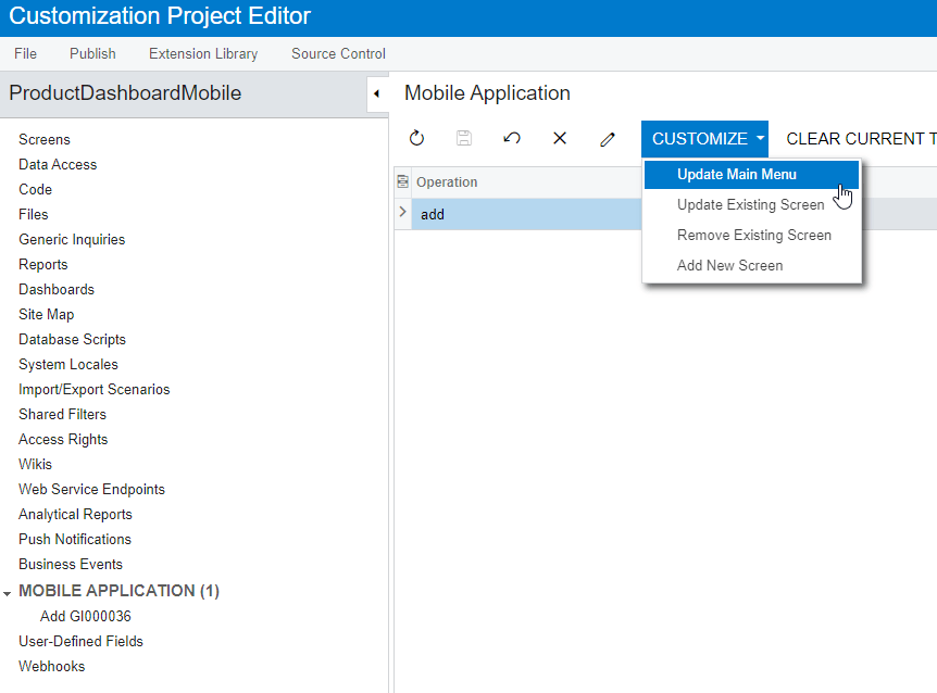 Under Mobile Application in the Customization Project Editor select Customize > Update Main Menu.