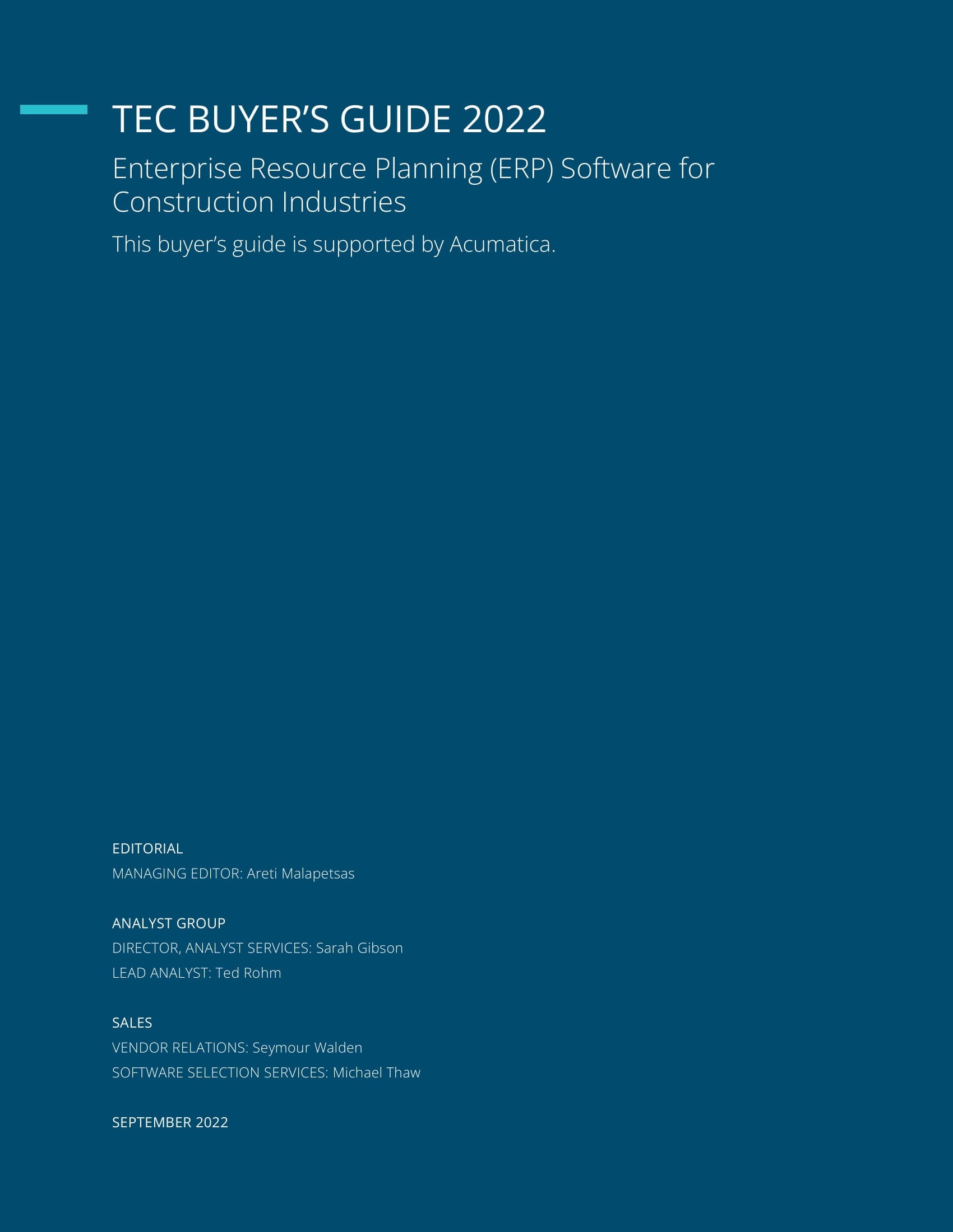 Le guide de l'acheteur de logiciels ERP pour les industries de la construction de Technology Evaluation Centers (TEC) présente Acumatica, page 1.