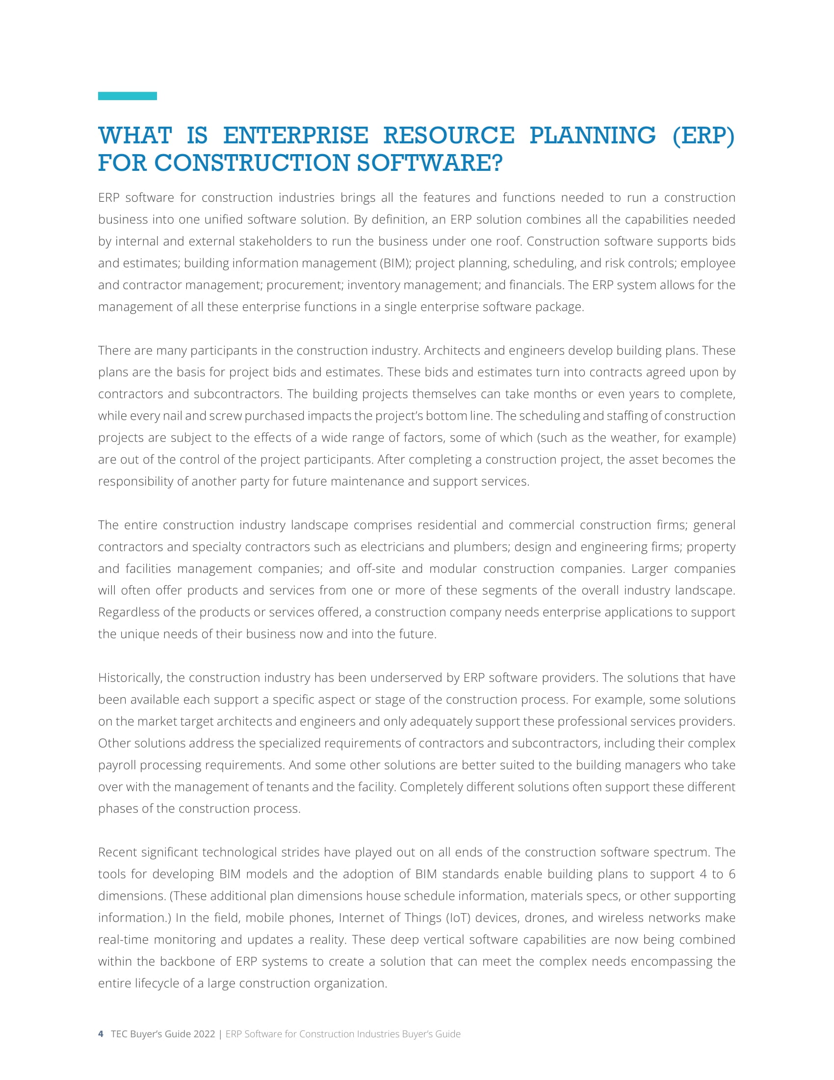 Le guide de l'acheteur de logiciels ERP pour les industries de la construction, réalisé par Technology Evaluation Centers (TEC), présente Acumatica, page 3.