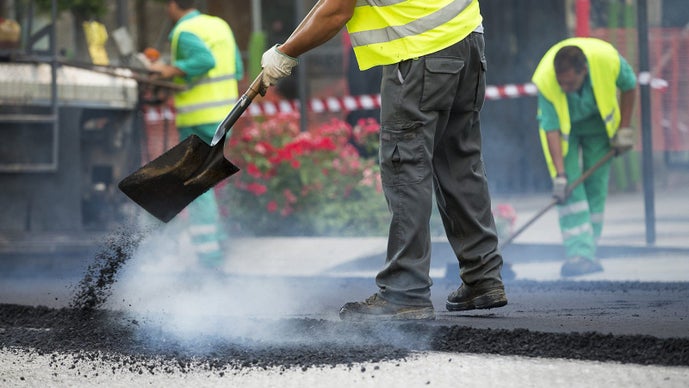 Trabajador, Operación, Asfalto, Pavimentadora, Máquina, Durante, Construcción de carreteras y reparación