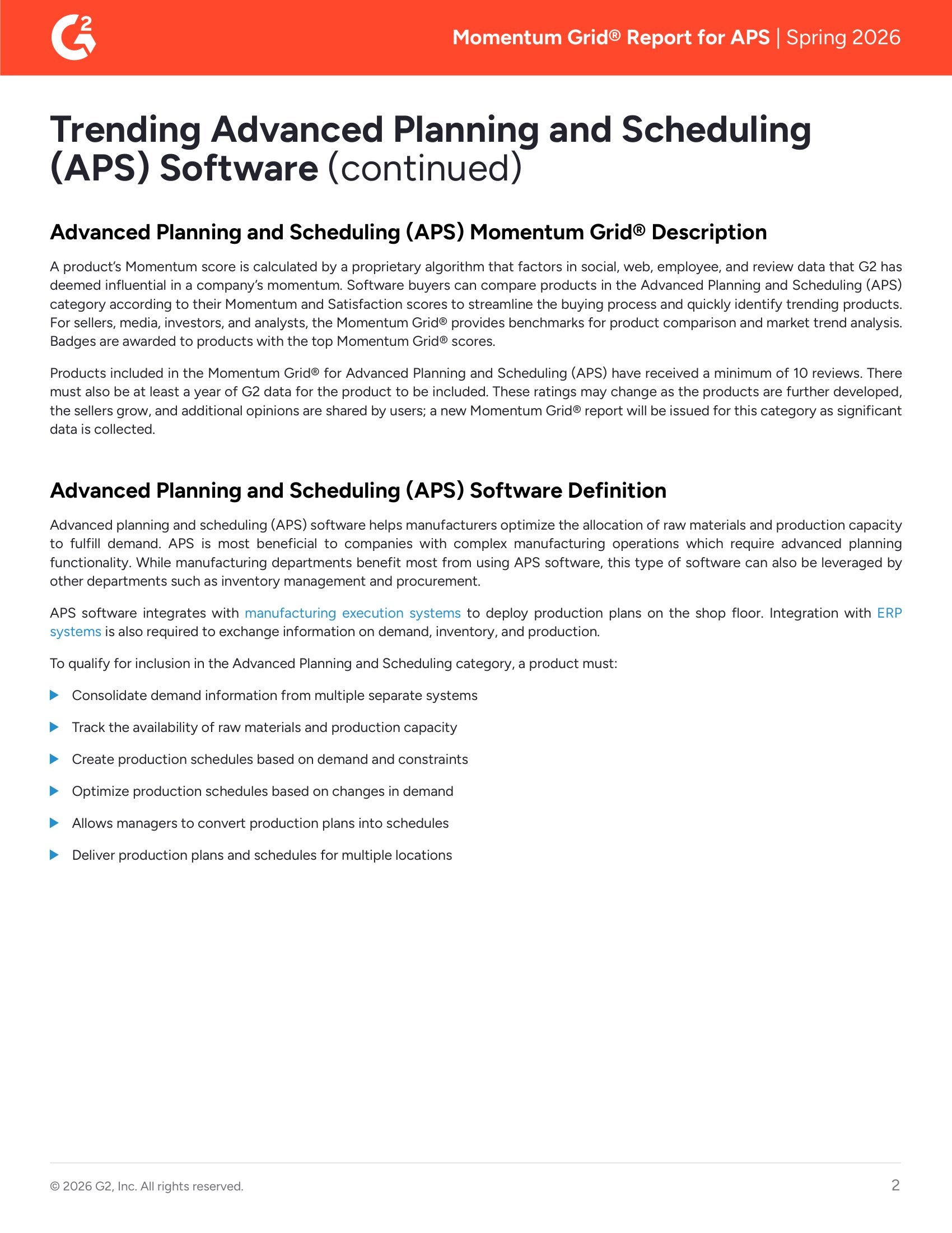 Acumatica encabeza el informe Momentum Grid® de G2, que destaca los programas de planificación y programación avanzadas (APS) más destacados para la primavera de 2026, página 1