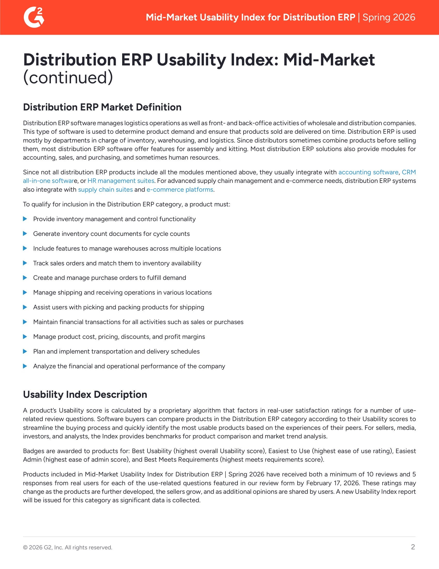 G2 Distribution ERP Usability Index: Mid-Market, page 1