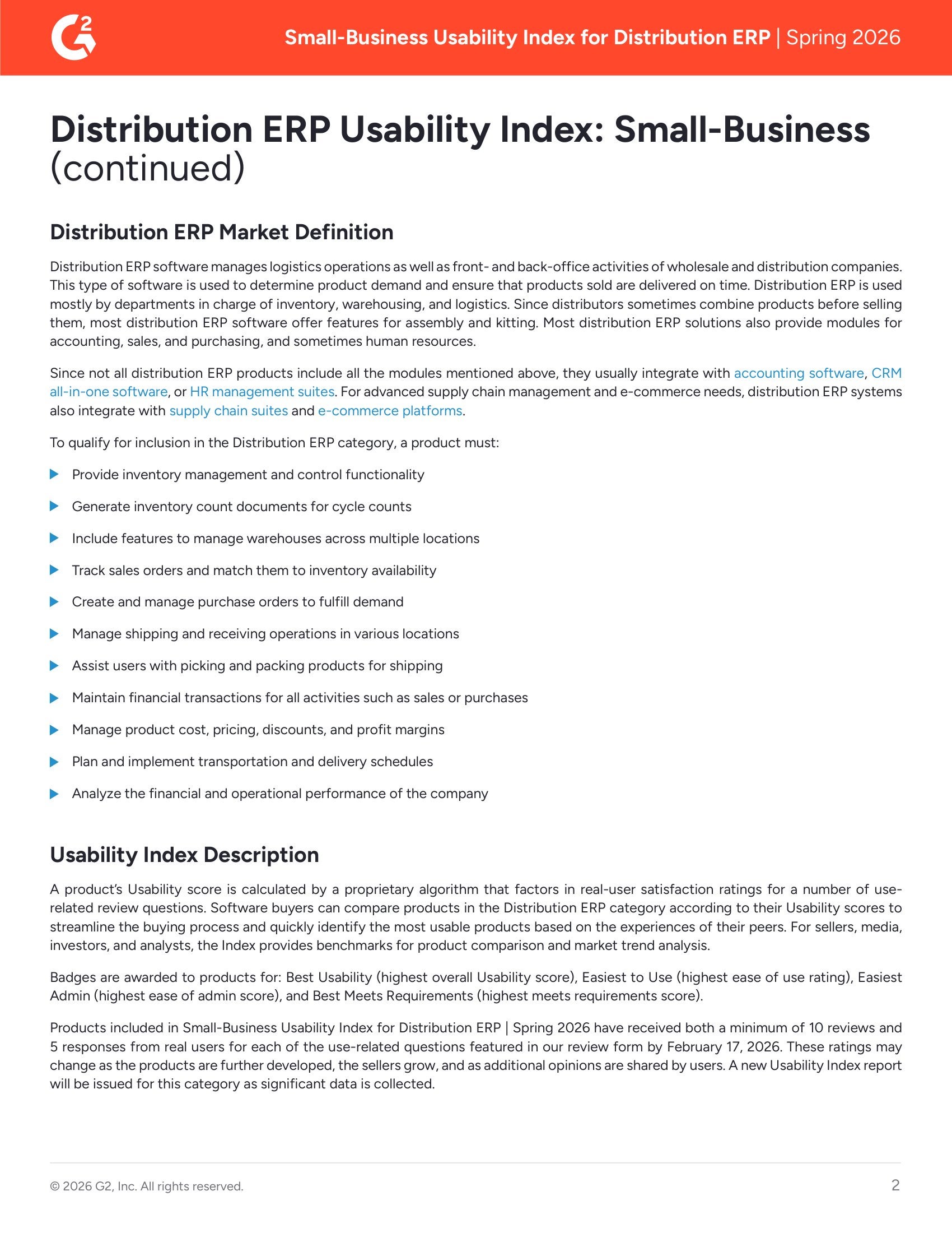 G2 Distribution ERP Usability Index: Small-Business | Spring 2026, page 1
