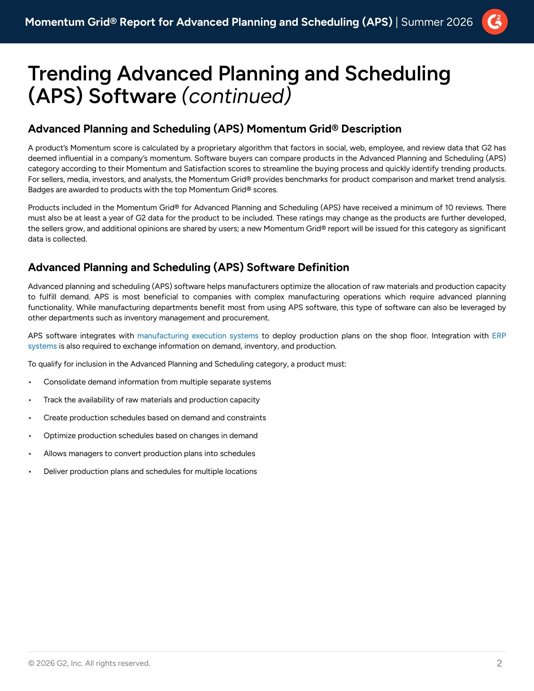 Acumatica leads G2’s Momentum Grid® Report highlighting trending Advanced Planning and Scheduling (APS) Software for Summer 2026, page 1