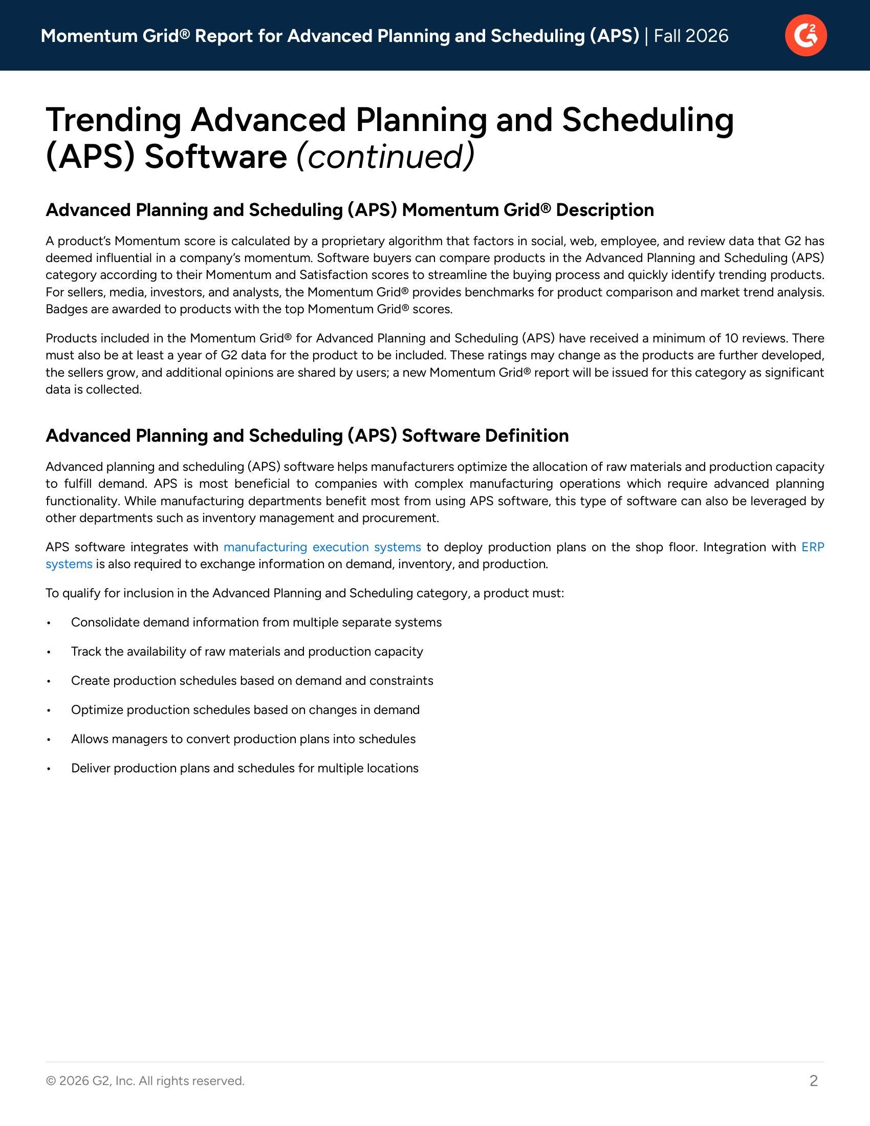 Acumatica leads G2’s Momentum Grid® Report highlighting trending Advanced Planning and Scheduling (APS) Software for Fall 2026, page 1