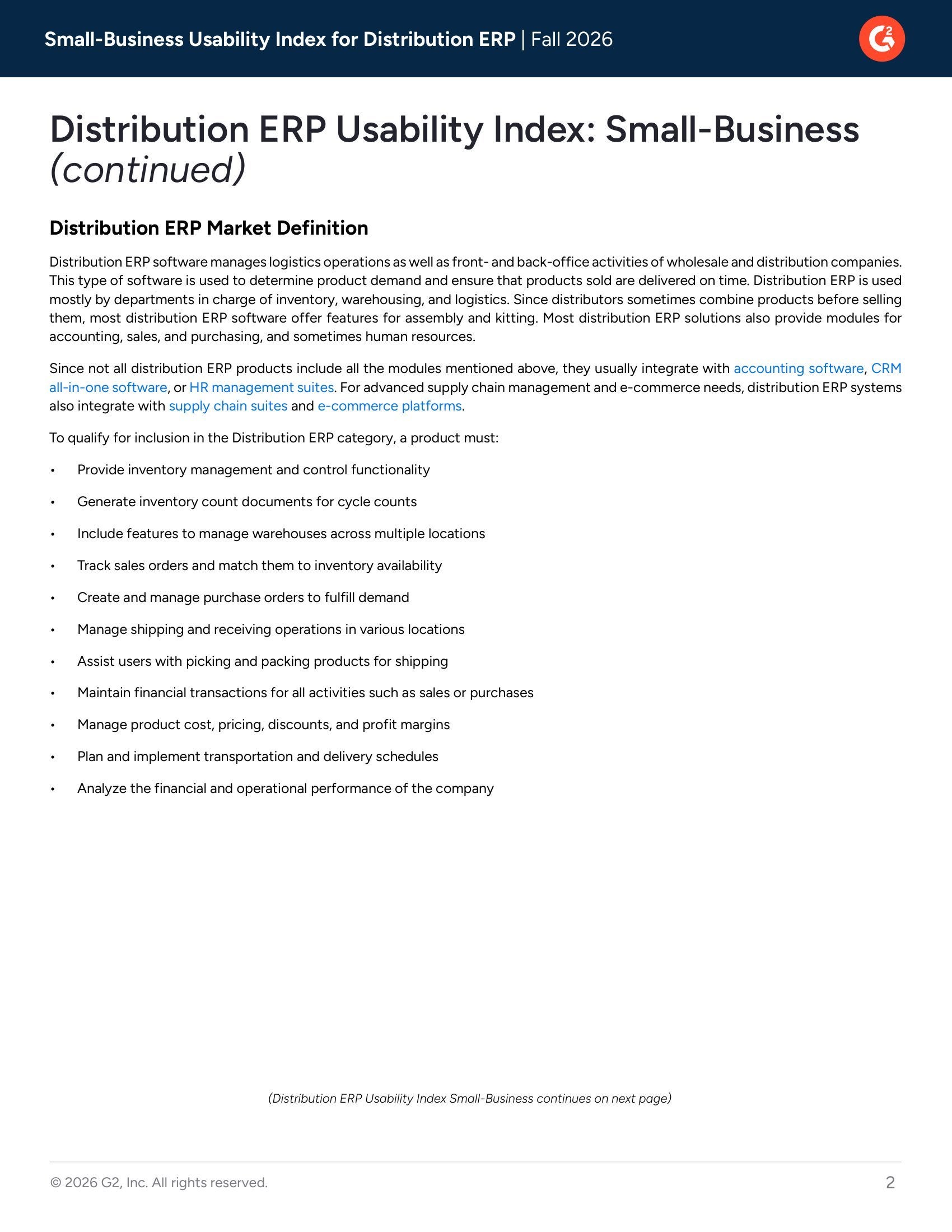 G2 Distribution ERP Usability Index: Small-Business | Fall 2026, page 1