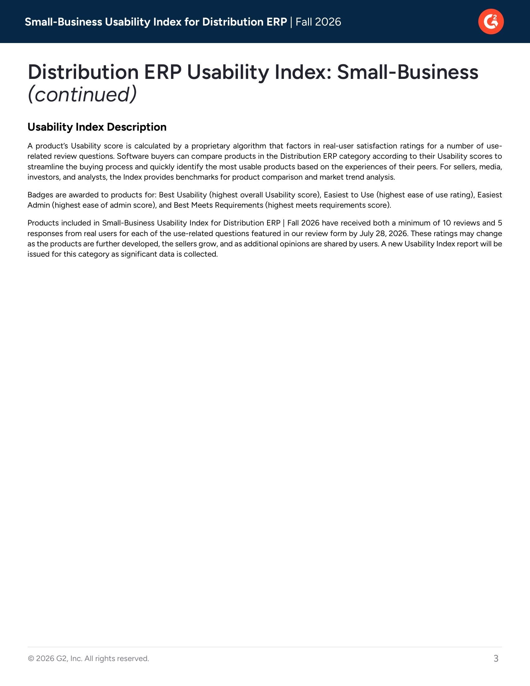 G2 Distribution ERP Usability Index: Small-Business | Fall 2026, page 2