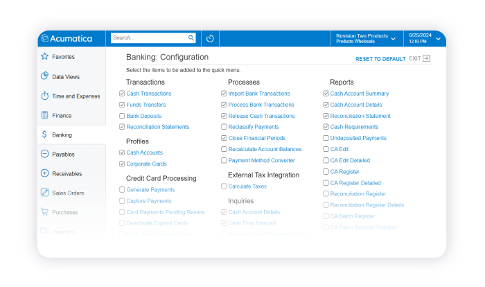 Screenshot of the Acumatica product to show personalization capabilities of Acumatica in comparison to QuickBooks