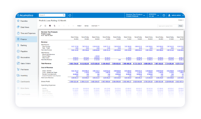 Screenshot of the Acumatica product to show real-time reporting capabilities of Acumatica in comparison to QuickBooks