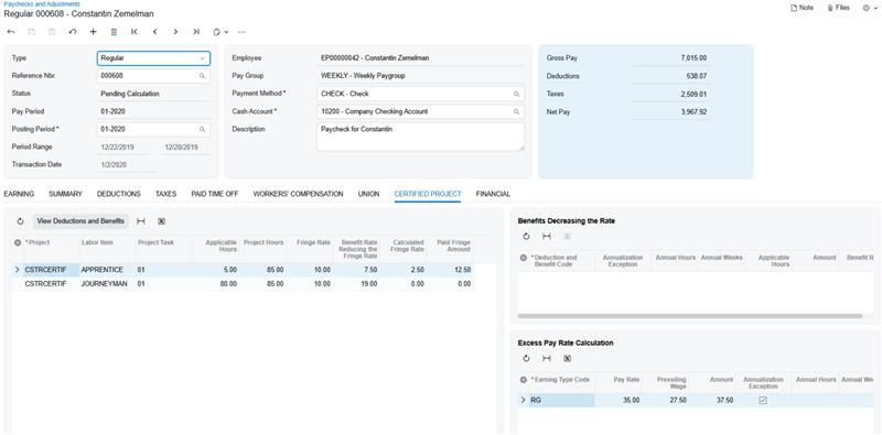 Screenshot of the Acumatica product to show Construction Payroll of Acumatica in comparison to QuickBooks