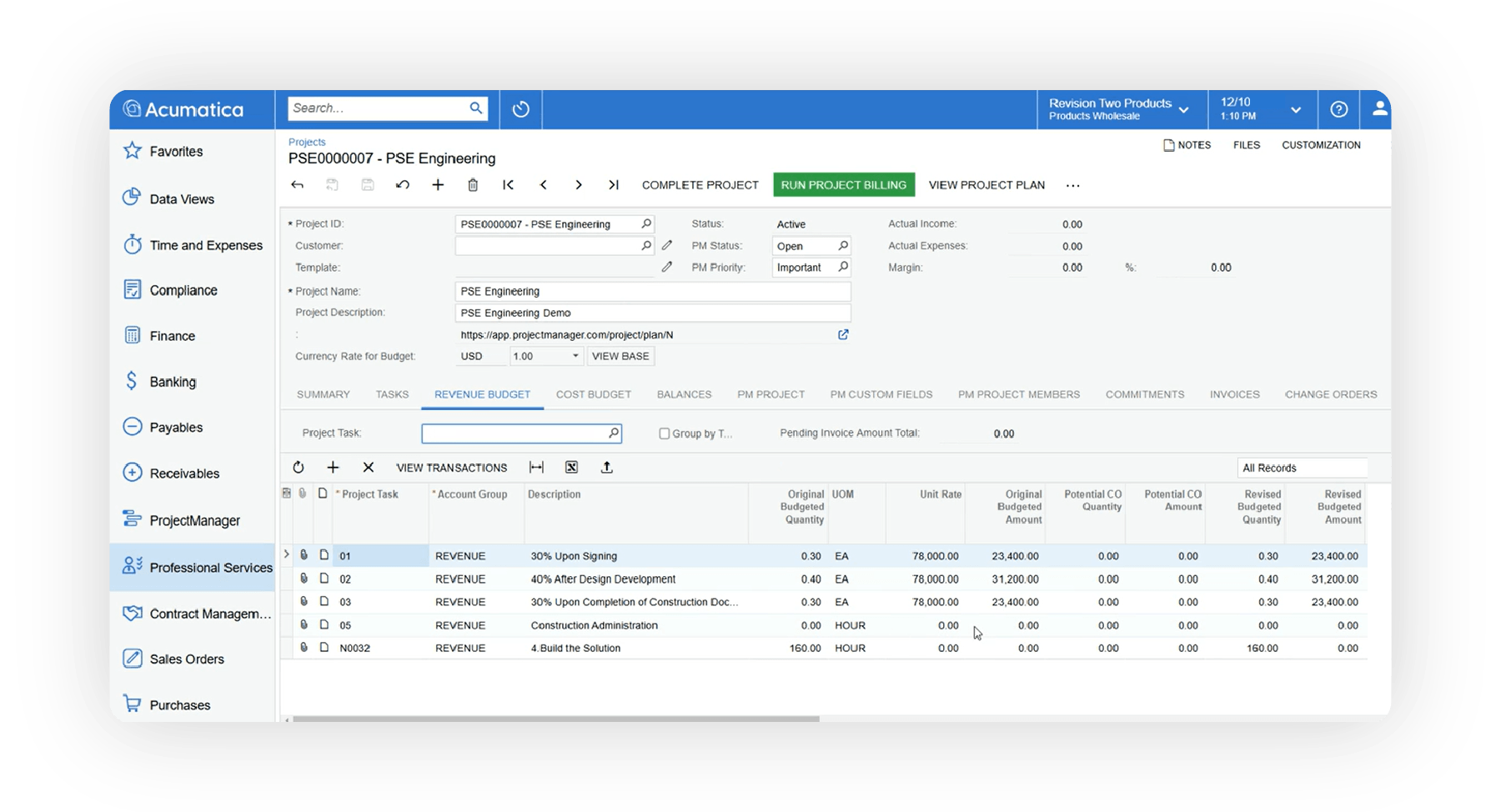 Screenshot of the Acumatica product to show financial visibility