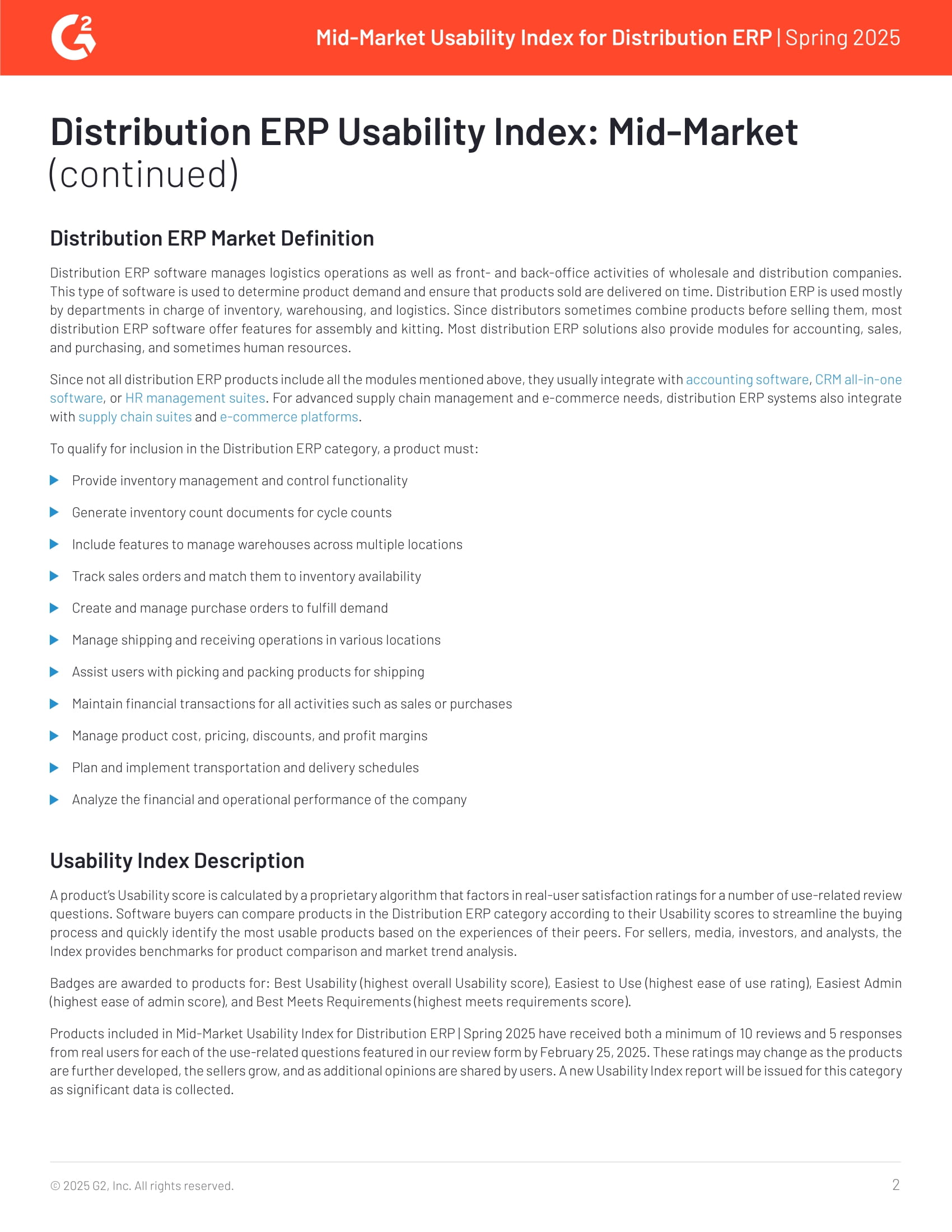 Top-Rated Mid-Market Distribution ERP Solutions for Usability in G2’s 2025 Spring Report, page 1