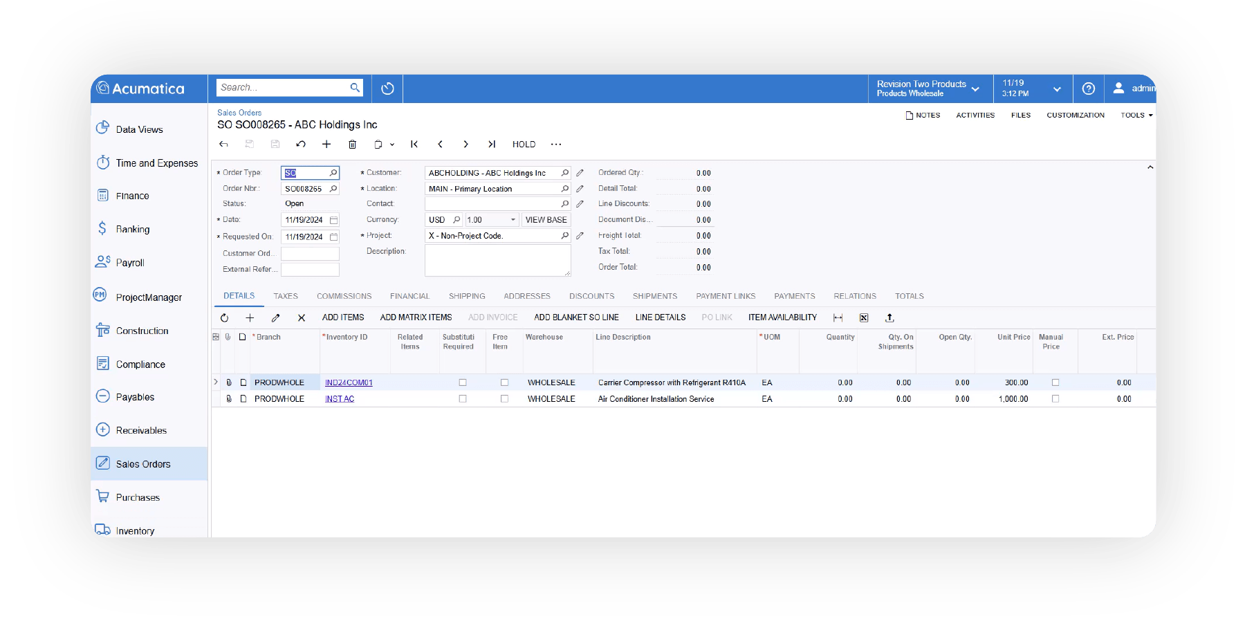 Screenshot of the Acumatica Resource Planning