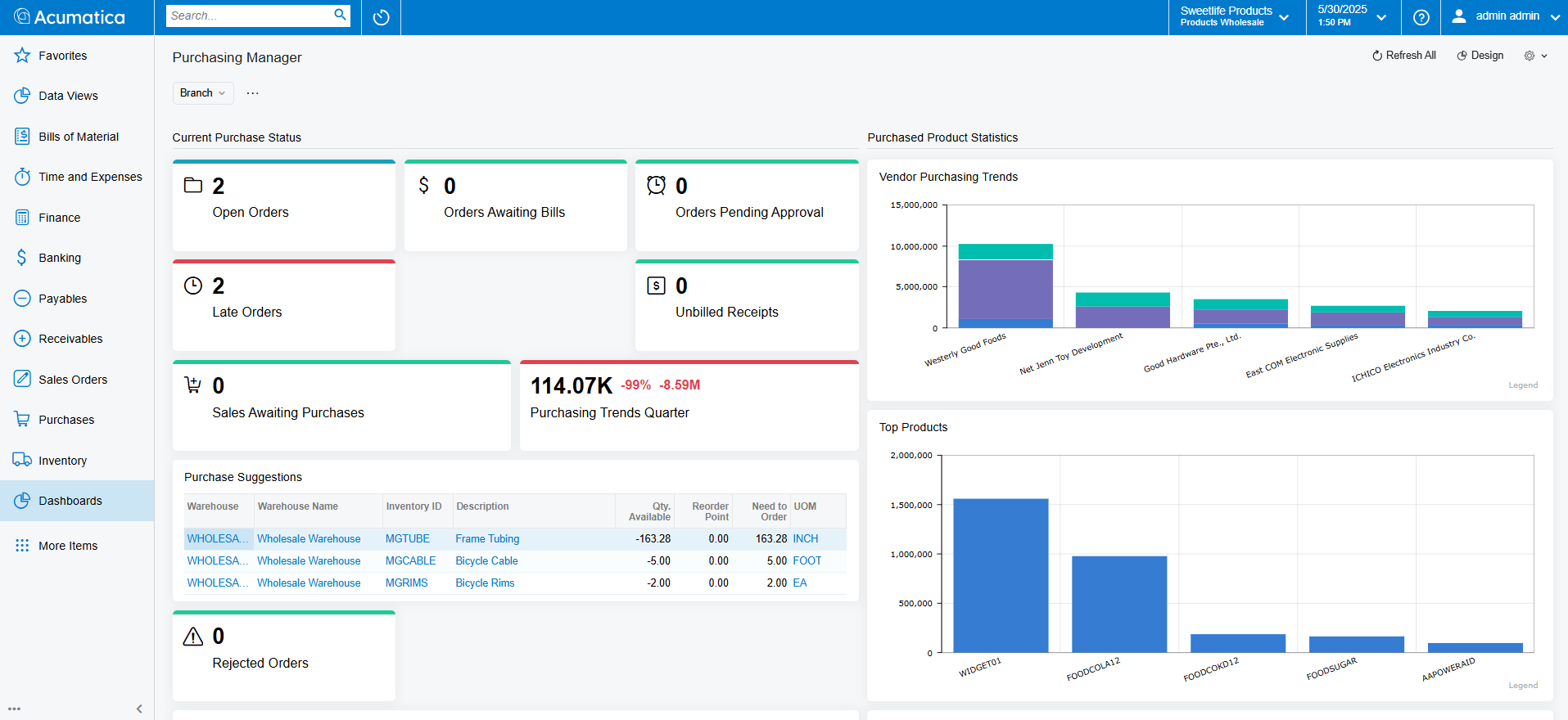 Screenshot of the Acumatica product to show Procurement of Acumatica in comparison to QuickBooks