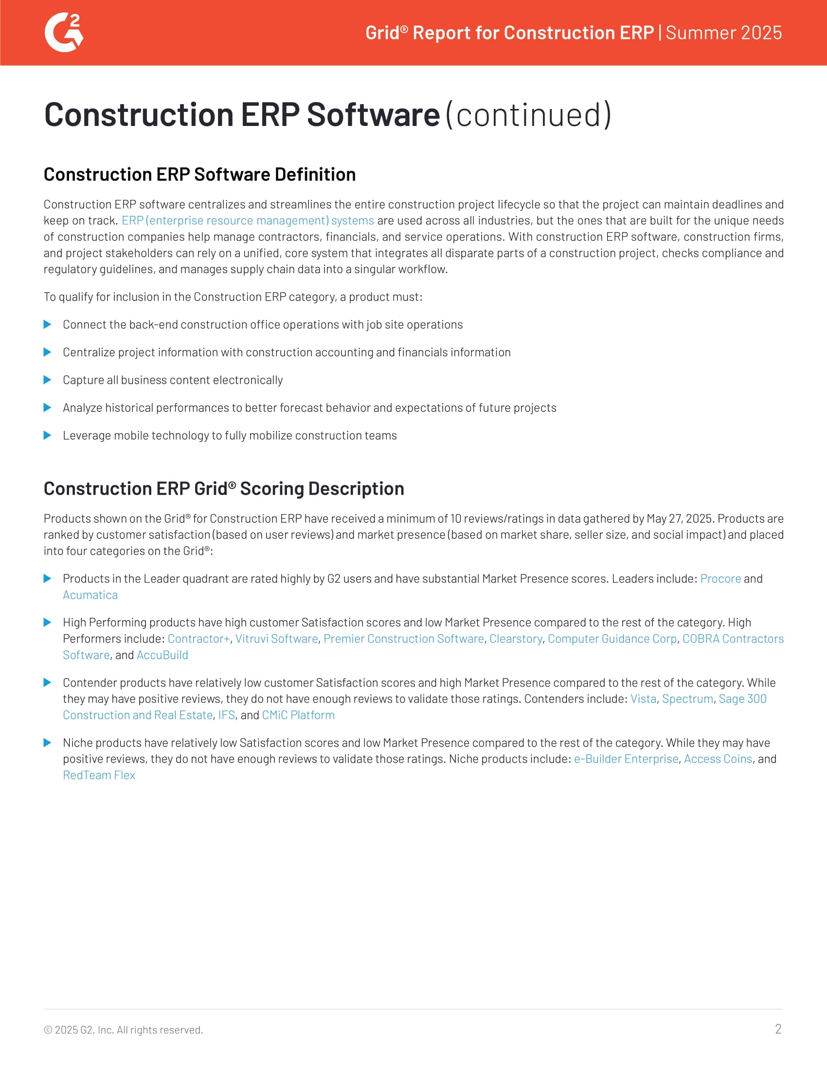 Rapport G2 Grid® 2025 : Meilleur logiciel ERP pour la construction, page 1
