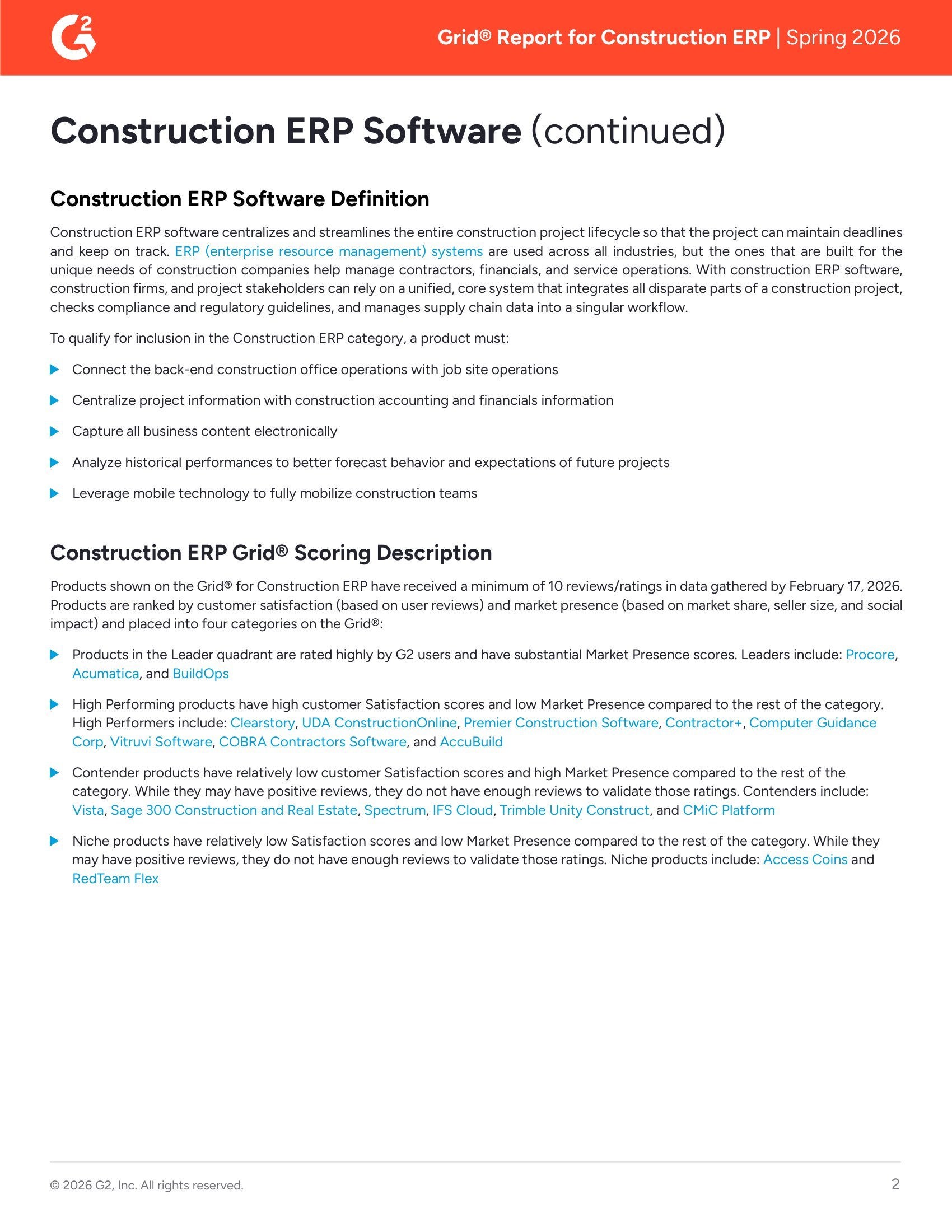 Rapport G2 Grid® du printemps 2026 : Meilleur logiciel ERP en construction, page 1