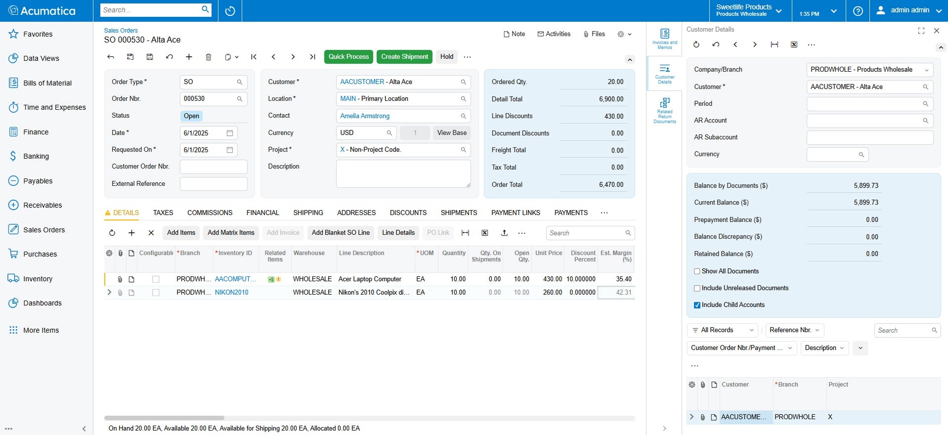 Screenshot of the Acumatica product to show Sales Management capabilities of Acumatica in comparison to QuickBooks