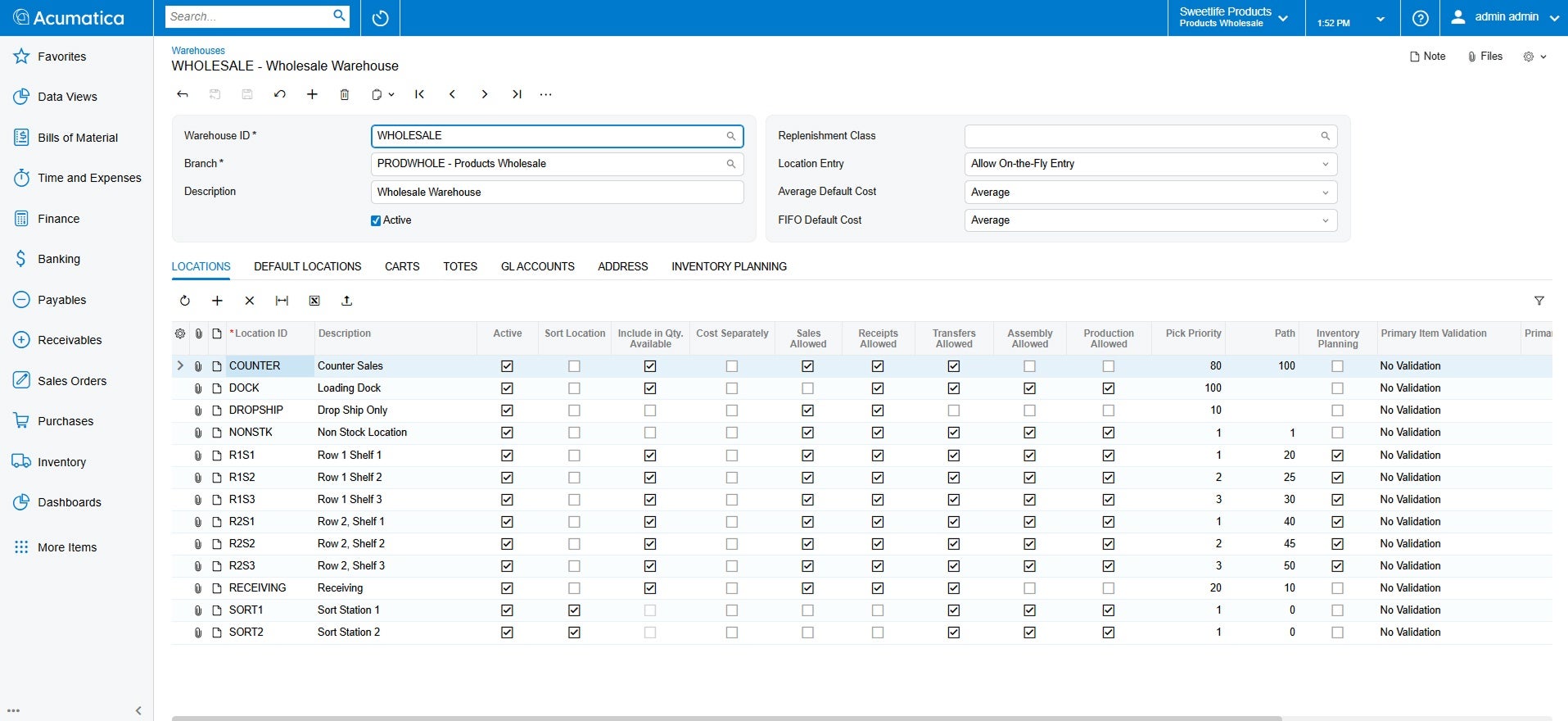 Screenshot of the Acumatica product to show Warehouse Management capabilities of Acumatica in comparison to QuickBooks