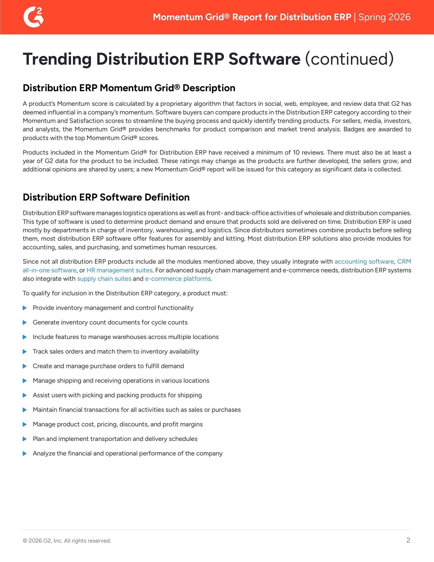 Acumatica Leads in G2's Momentum Grid® Report for Distribution ERP - Spring 2026, page 1