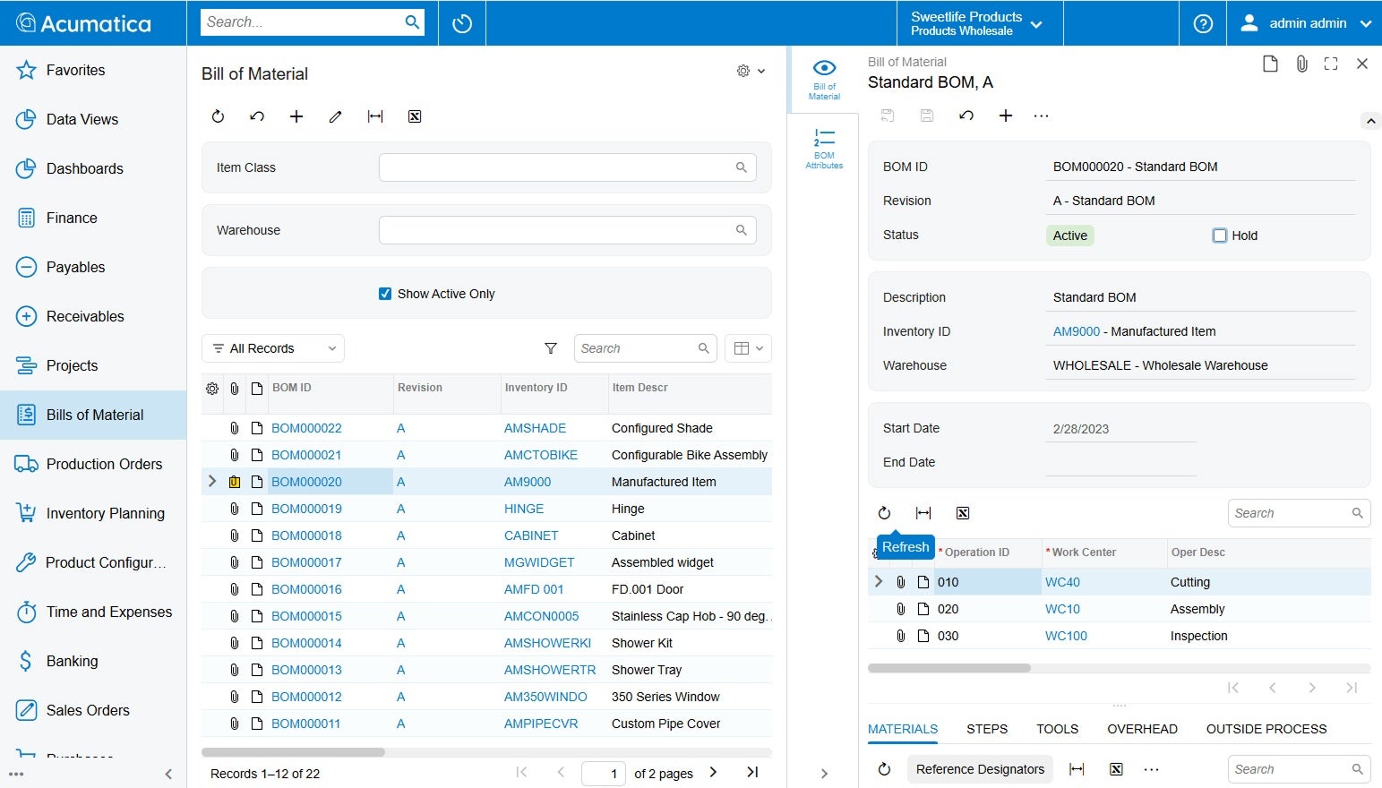Bulletins de matériaux (BOM) et routage Capture d’écran du produit Acumatica pour montrer les Lettres de Matériaux (BOMs) et les capacités de routage d’Acumatica en comparaison avec QuickBooks
