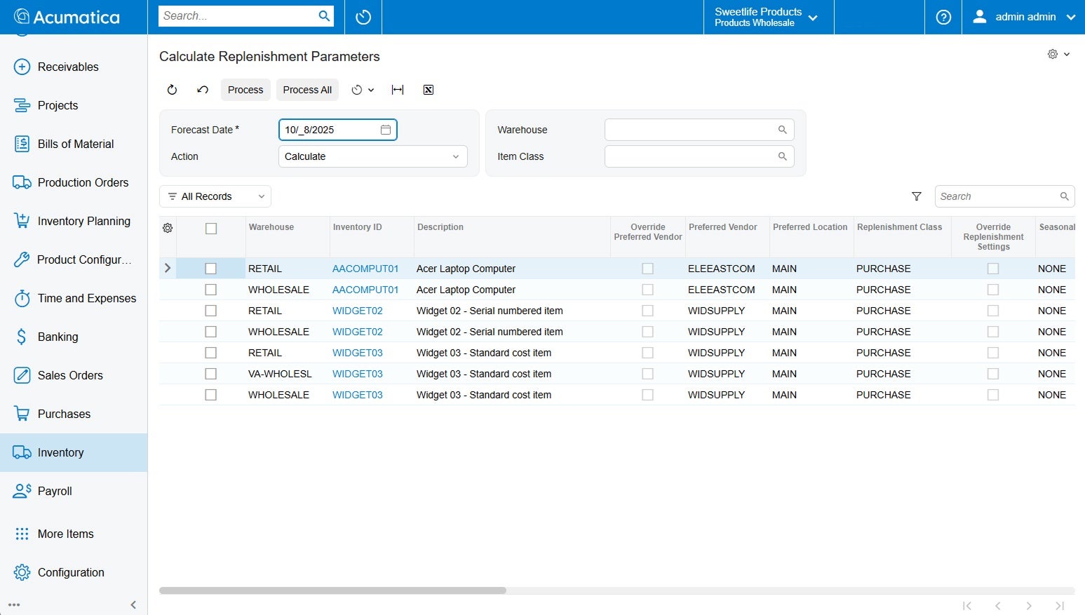 Planification des besoins matières (PBM) Capture d’écran du produit Acumatica pour montrer les capacités de planification des besoins matériels (MRP) d’Acumatica comparées à QuickBooks