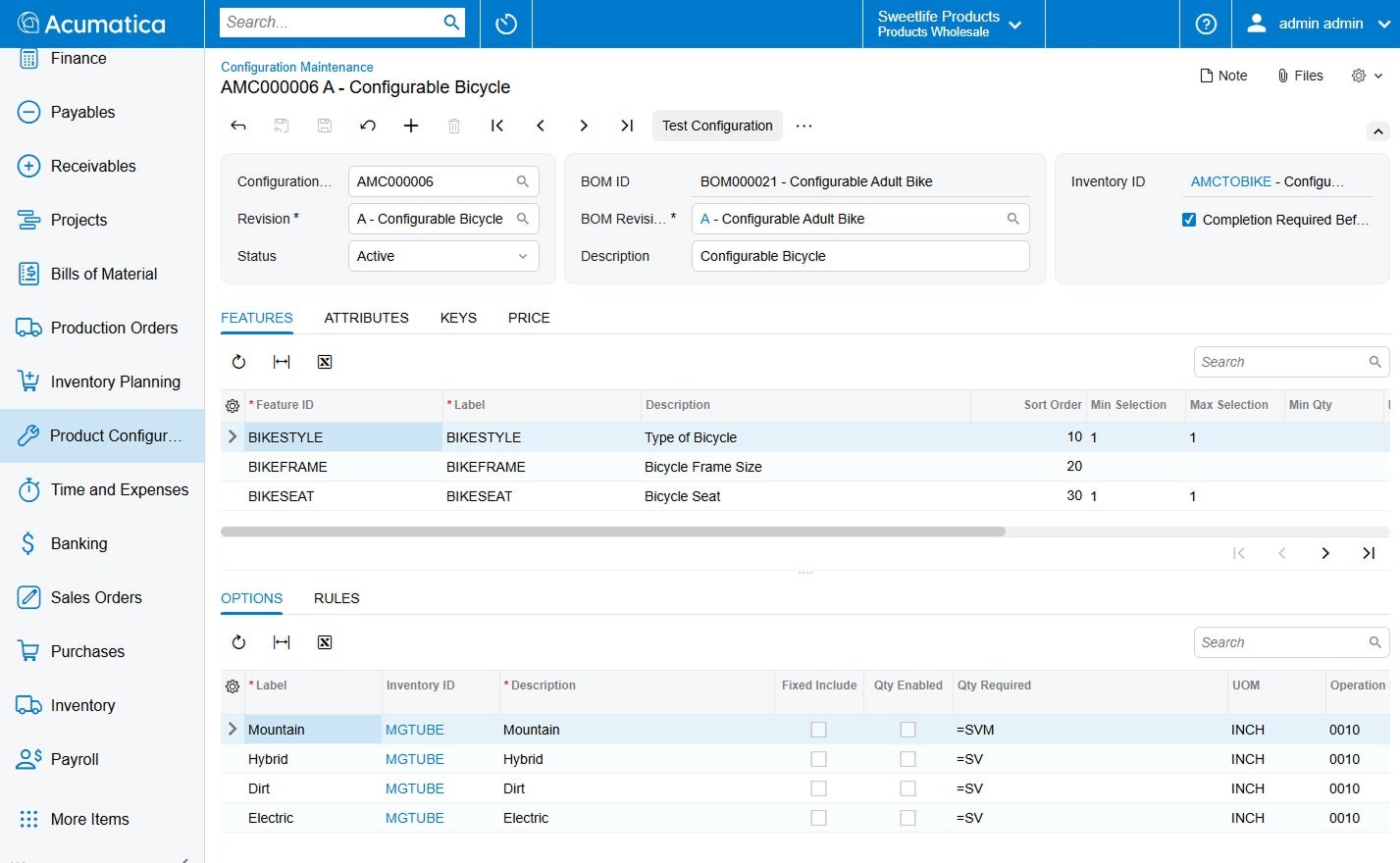 Configurateur de produits Capture d’écran du produit Acumatica pour montrer le Configurateur de produits d’Acumatica en comparaison avec QuickBooks