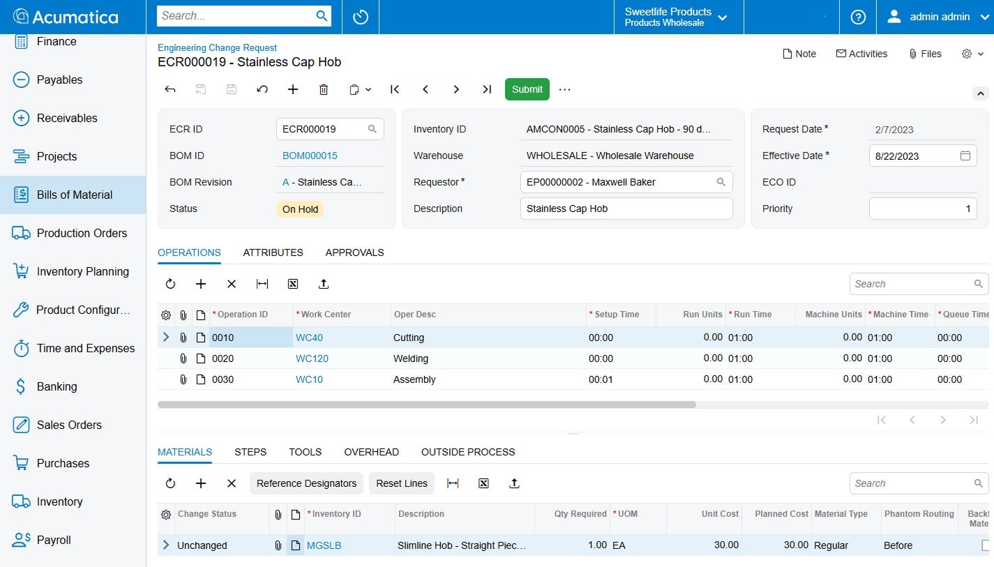 Contrôle des modifications techniques Capture d’écran du produit Acumatica pour montrer le contrôle des changements en ingénierie d’Acumatica comparé à QuickBooks