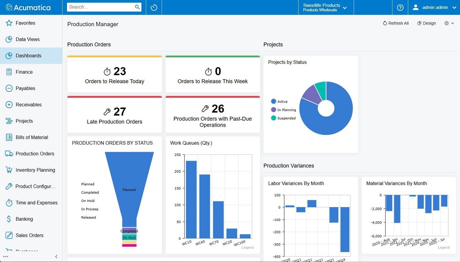 Gestion de la production Capture d’écran du produit Acumatica pour montrer les capacités de gestion de production d’Acumatica comparées à QuickBooks