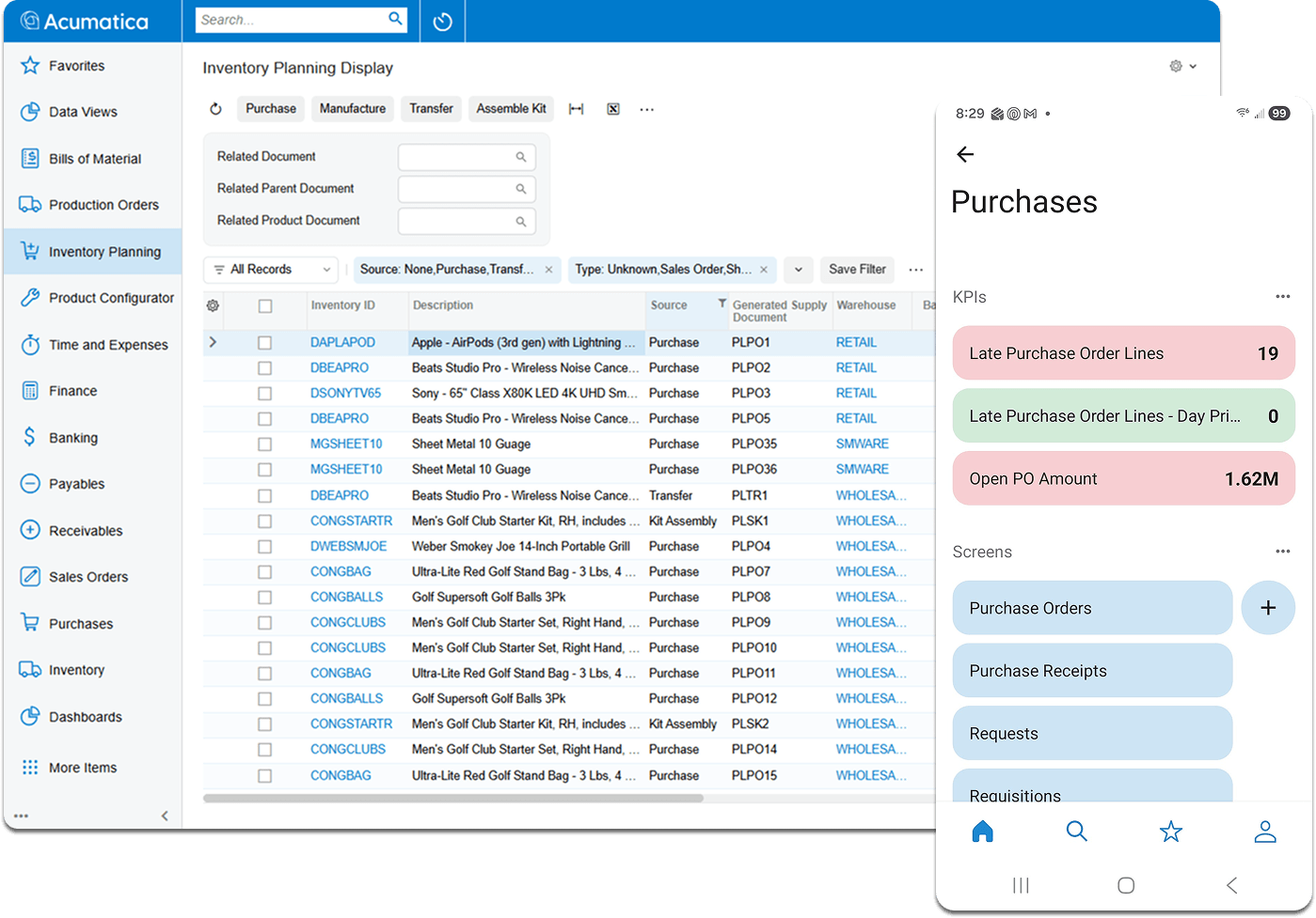 Screenshot of the Acumatica Purchasing and Requisitions