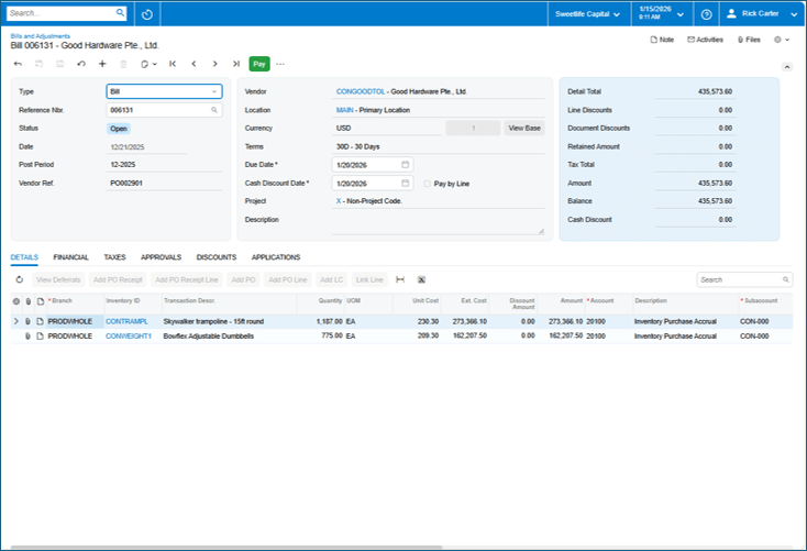 AP Invoice processing Screenshot of the Acumatica AP Invoice processing