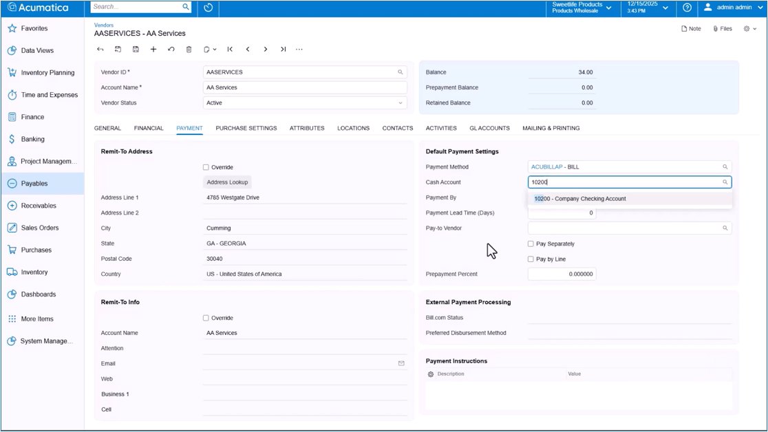 Vendor details Screenshot of the Acumatica Vendor details