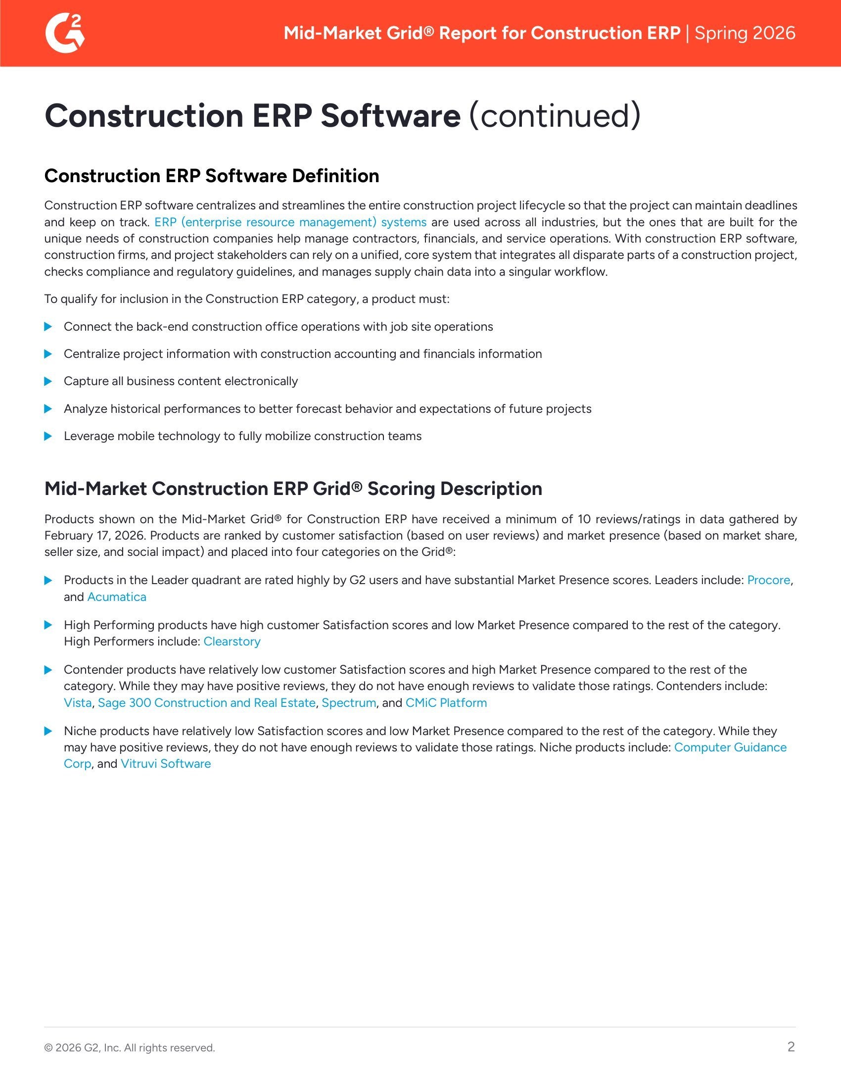 Spring 2026 Mid-Market Construction ERP Grid Report, page 1