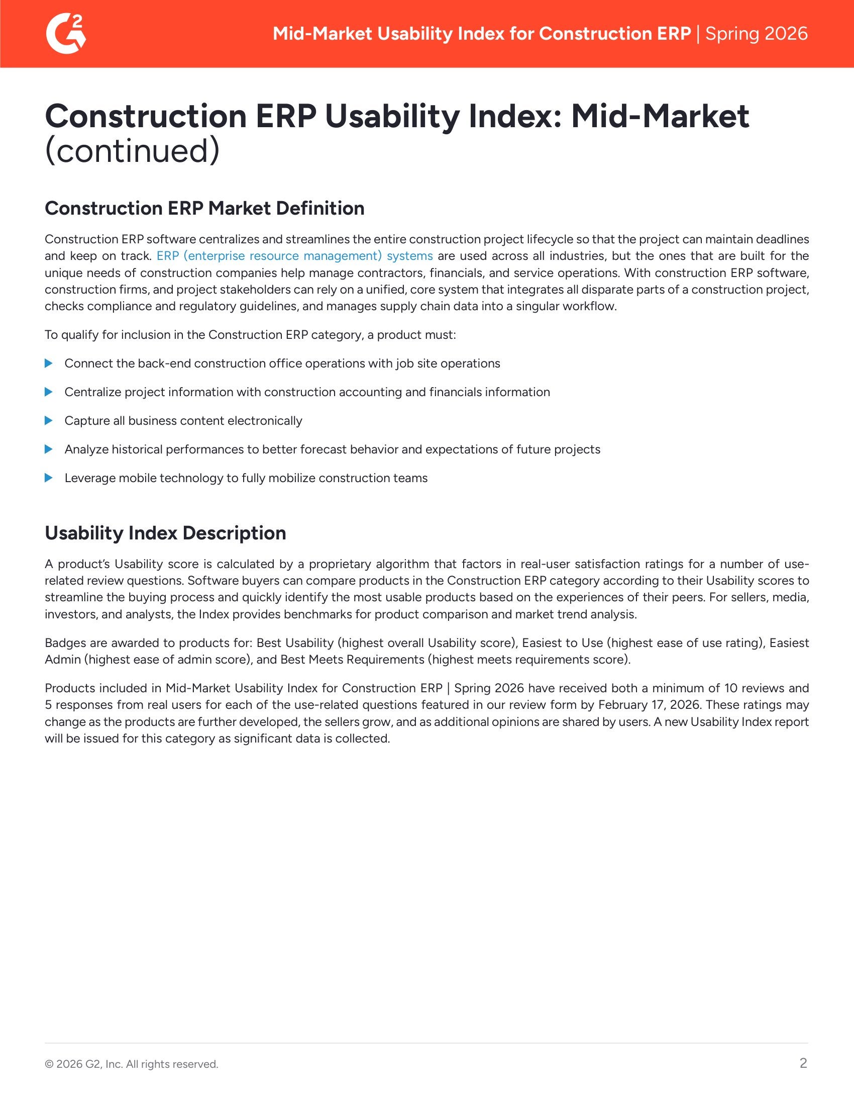 Acumatica Recognized as a Top Usability Leader in G2 Mid-Market Construction ERP Report – Spring 2026, page 1