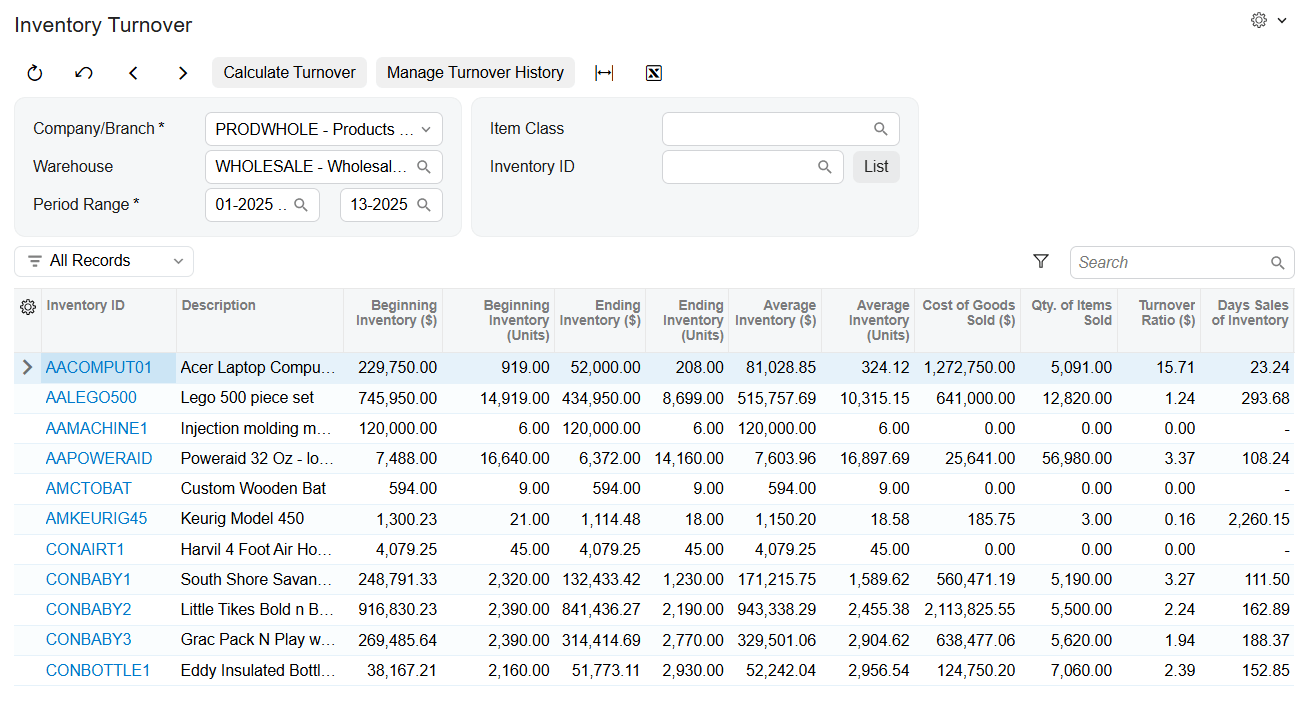 Informations sur l’inventaire Capture d’écran des Insights de l’inventaire Acumatica