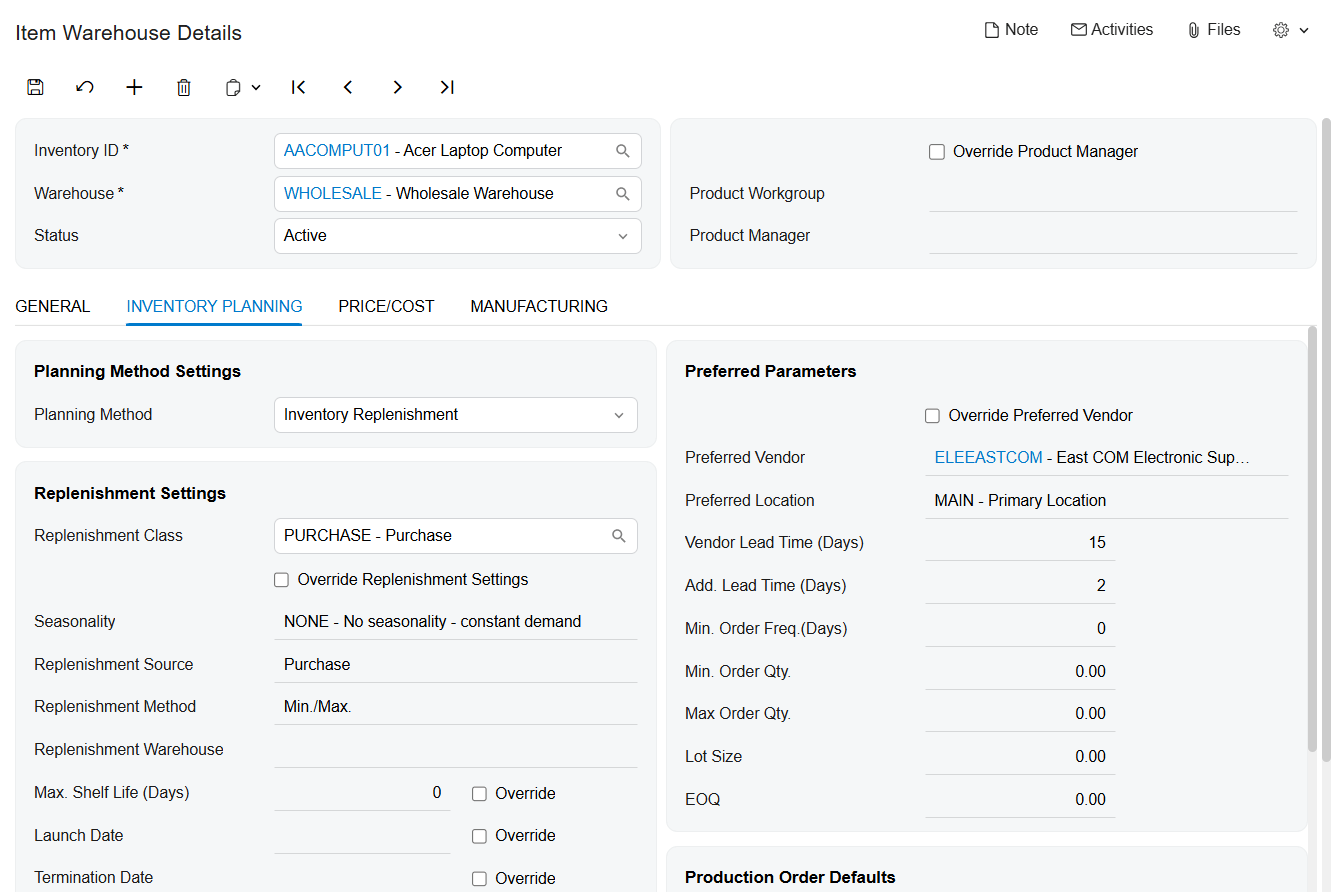 Planification de l’inventaire Capture d’écran de la planification de l’inventaire d’Acumatica