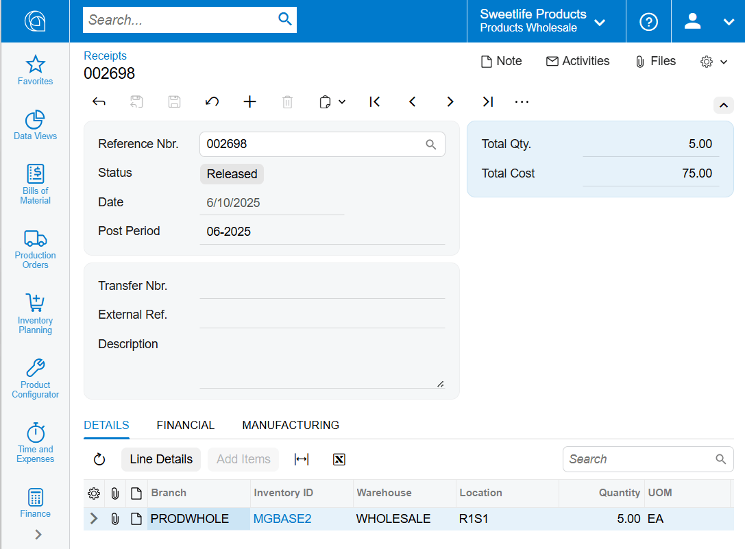 Screenshot of Receipt and putaway