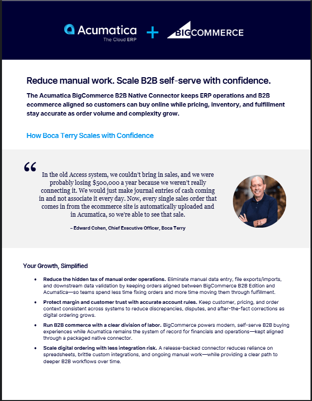 Acumatica + BigCommerce: B2B Unified Commerce One-pager