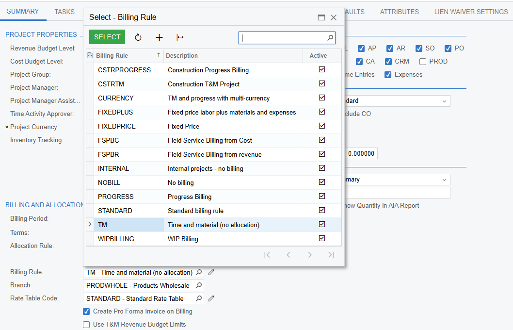 Screenshot of advanced billing