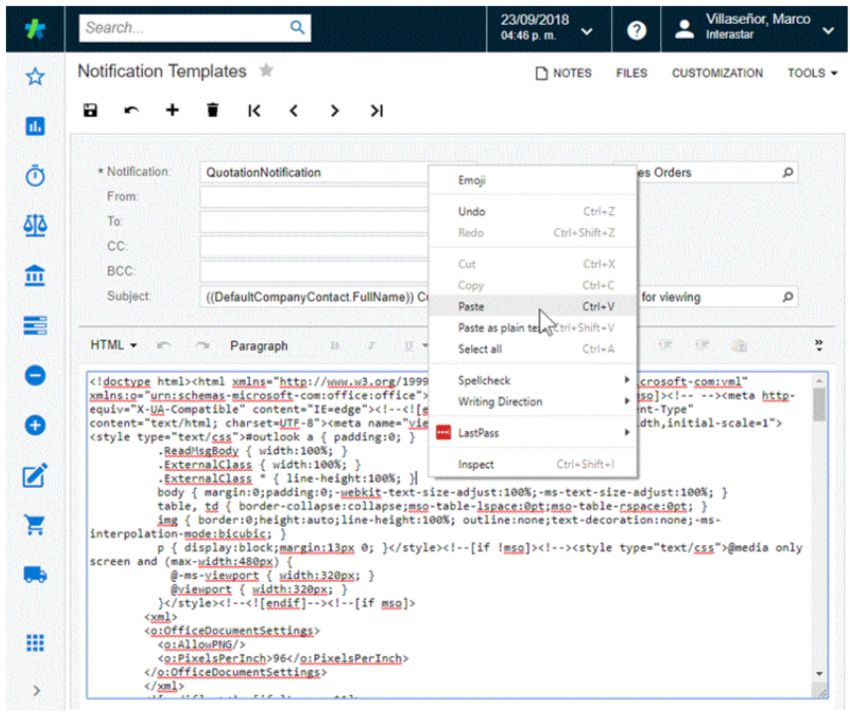 Pasting HTML code in Notification Templates.