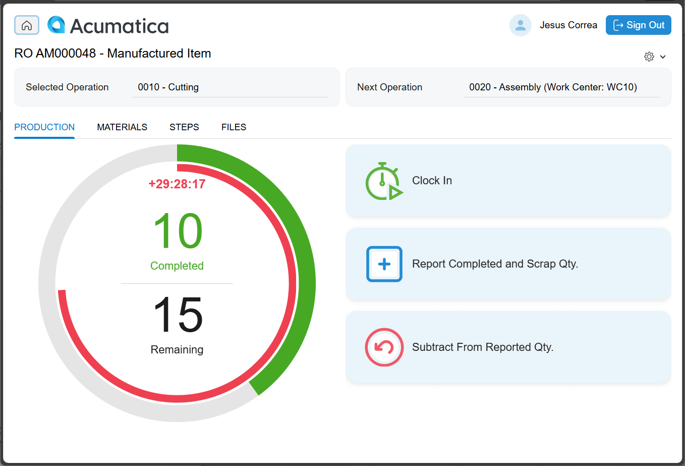 Screenshot of Shop Floor Kiosk interface