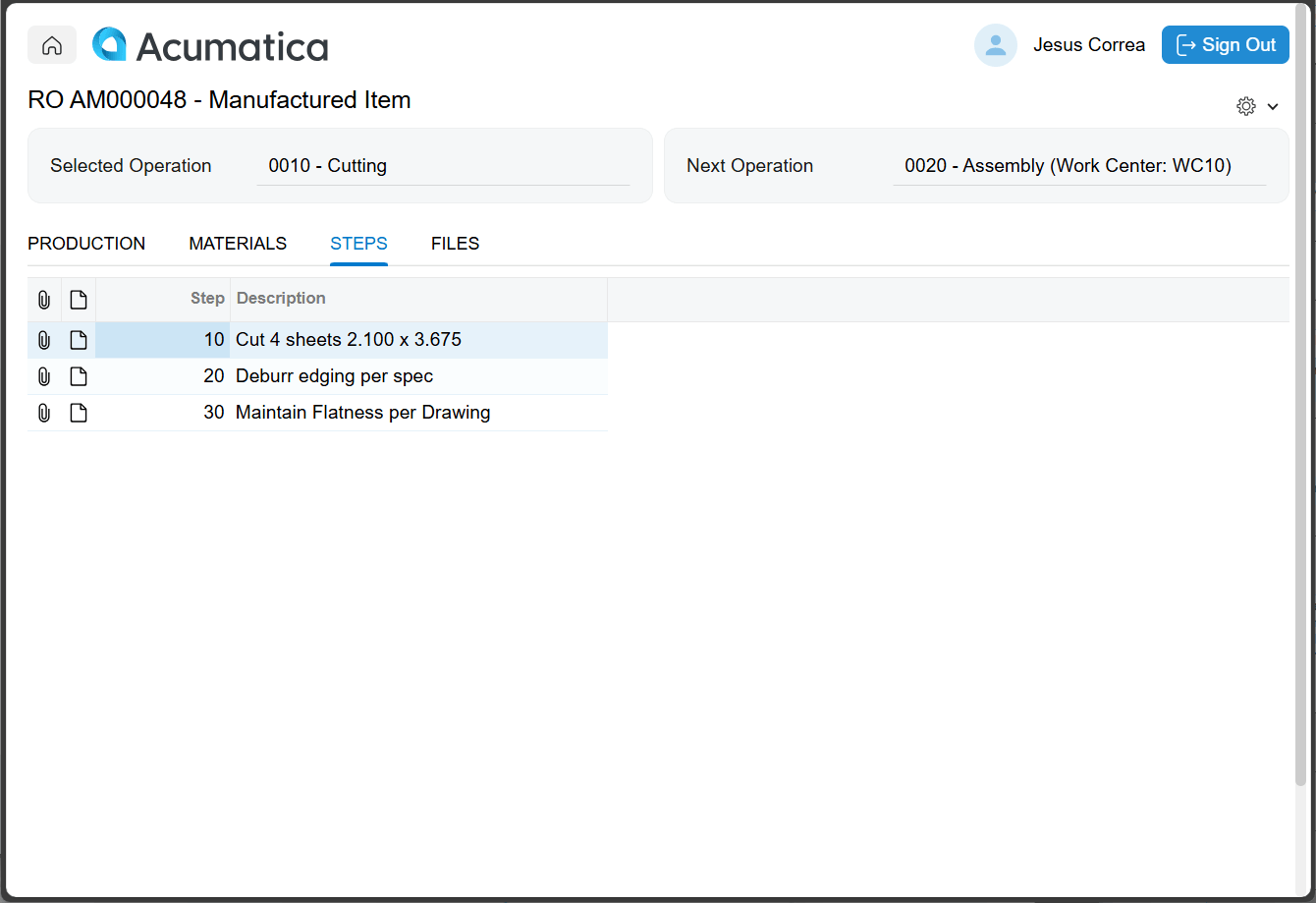 Screenshot of Shop Floor Kiosk job information and instructions
