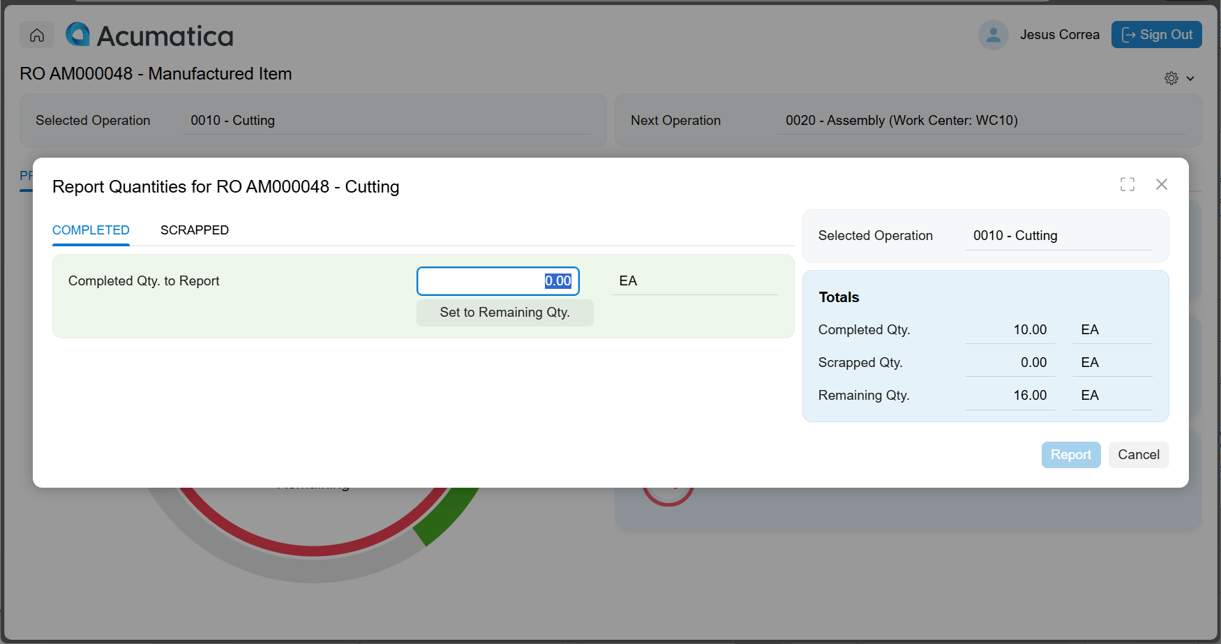 Screenshot of Shop Floor Kiosk production reporting