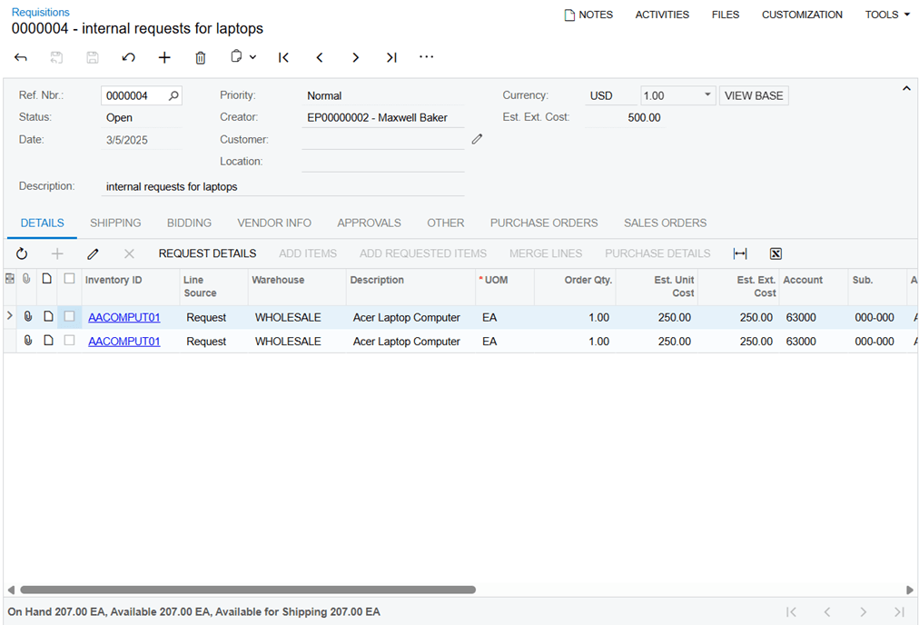 Screenshot of requests and requisitions